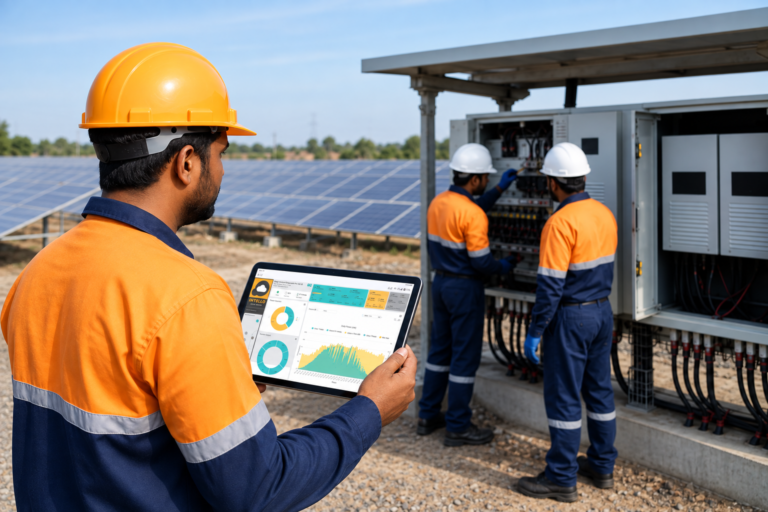 Split scene comparing an in-house maintenance team versus a specialized outsourced O&M crew at a ground-mounted solar plant. Photorealistic photo: a ground-mounted solar plant in rural India with a small team of maintenance technicians in