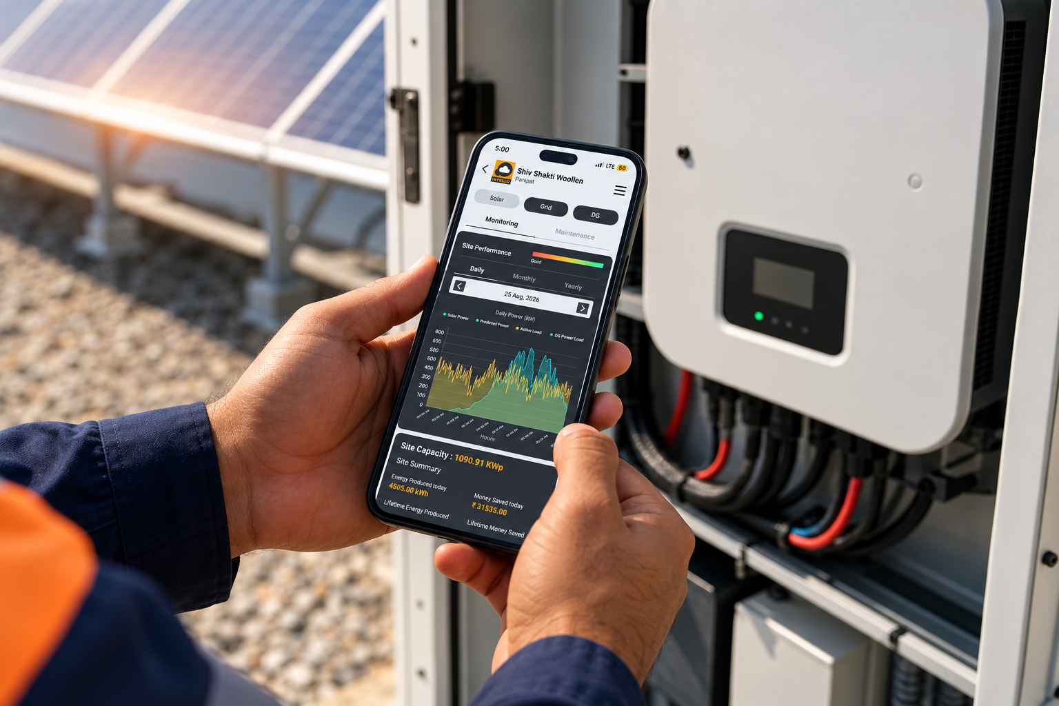 Close-up of a technician using a mobile monitoring dashboard app to log a maintenance visit with photo verification. Photorealistic photo: close-up shot of a technician's hands holding a smartphone displaying a solar monitoring dashboard