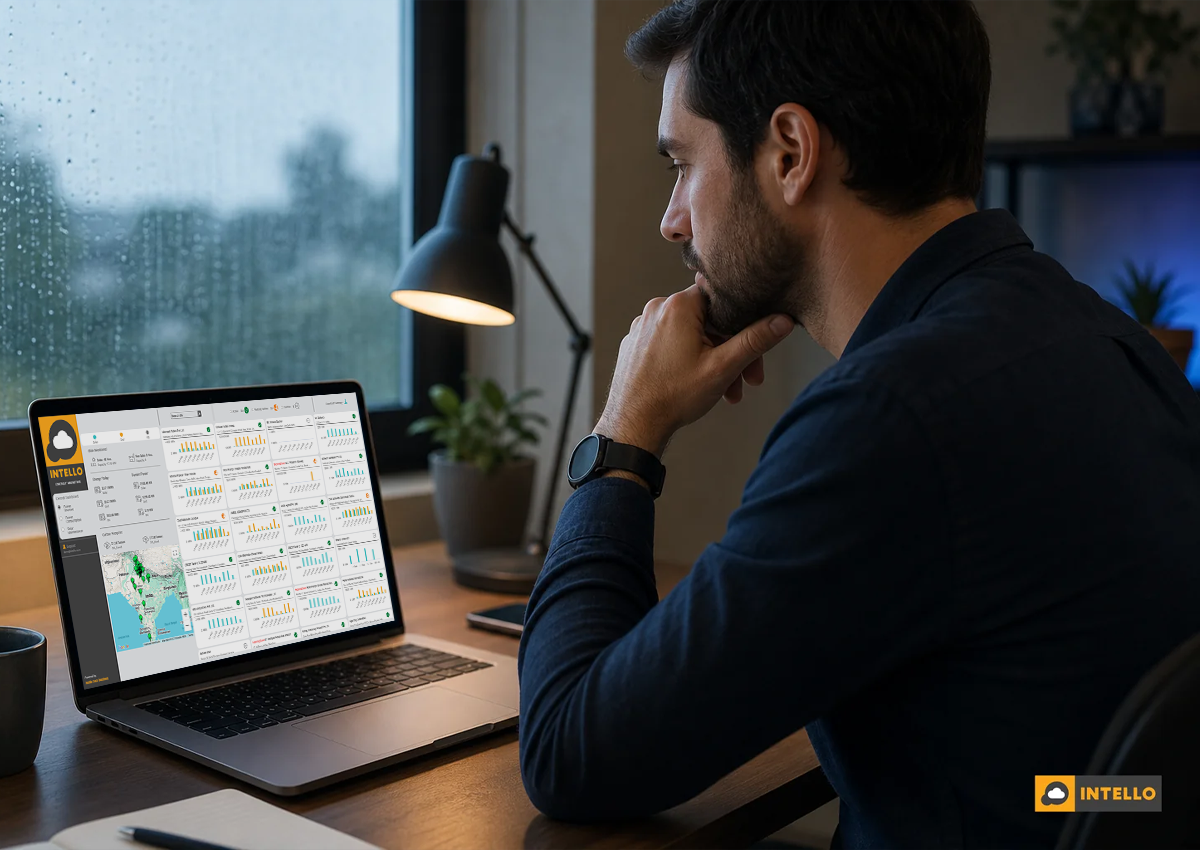 Solar O&M engineer monitoring a remote dashboard on a laptop showing string performance alerts during rainy weather. photorealistic photo of a solar operations engineer sitting at a desk indoors, monitoring a laptop screen displaying a