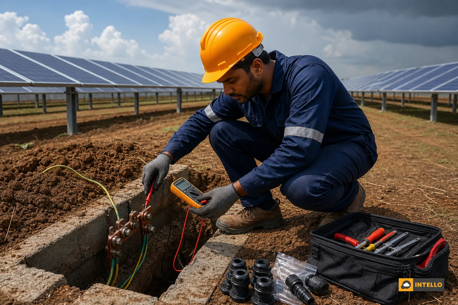 Technician inspecting earthing pit and cable glands before monsoon on a solar site. photorealistic photo of a solar O&M technician in safety gear kneeling beside an earthing pit at a ground-mounted solar plant in India, testing grounding