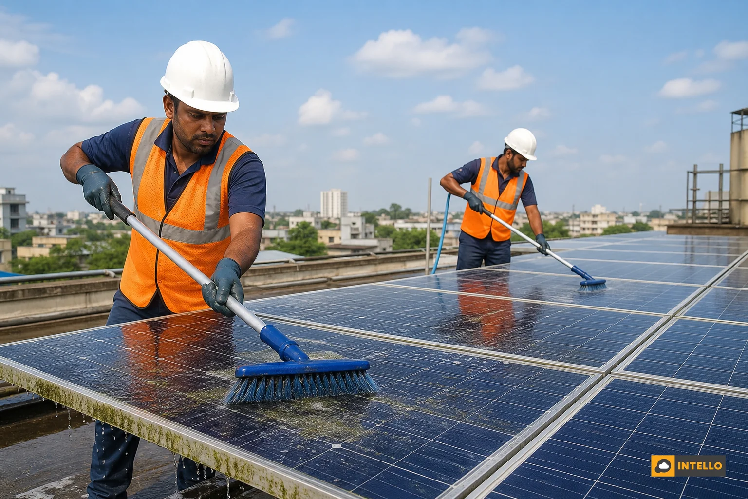 Workers cleaning algae and soiling off solar panels after monsoon season on a rooftop. photorealistic photo of two maintenance workers cleaning solar panels on an Indian commercial rooftop after monsoon season, using soft brushes and water