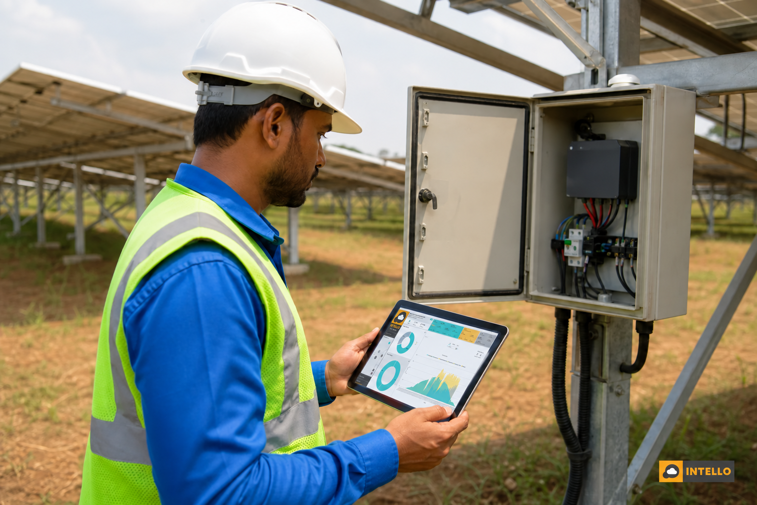 Technician inspecting a solar tracker control unit and monitoring dashboard on a tablet. Photorealistic photograph of a solar maintenance technician in a safety vest examining a weatherproof control box at the base of a solar tracker