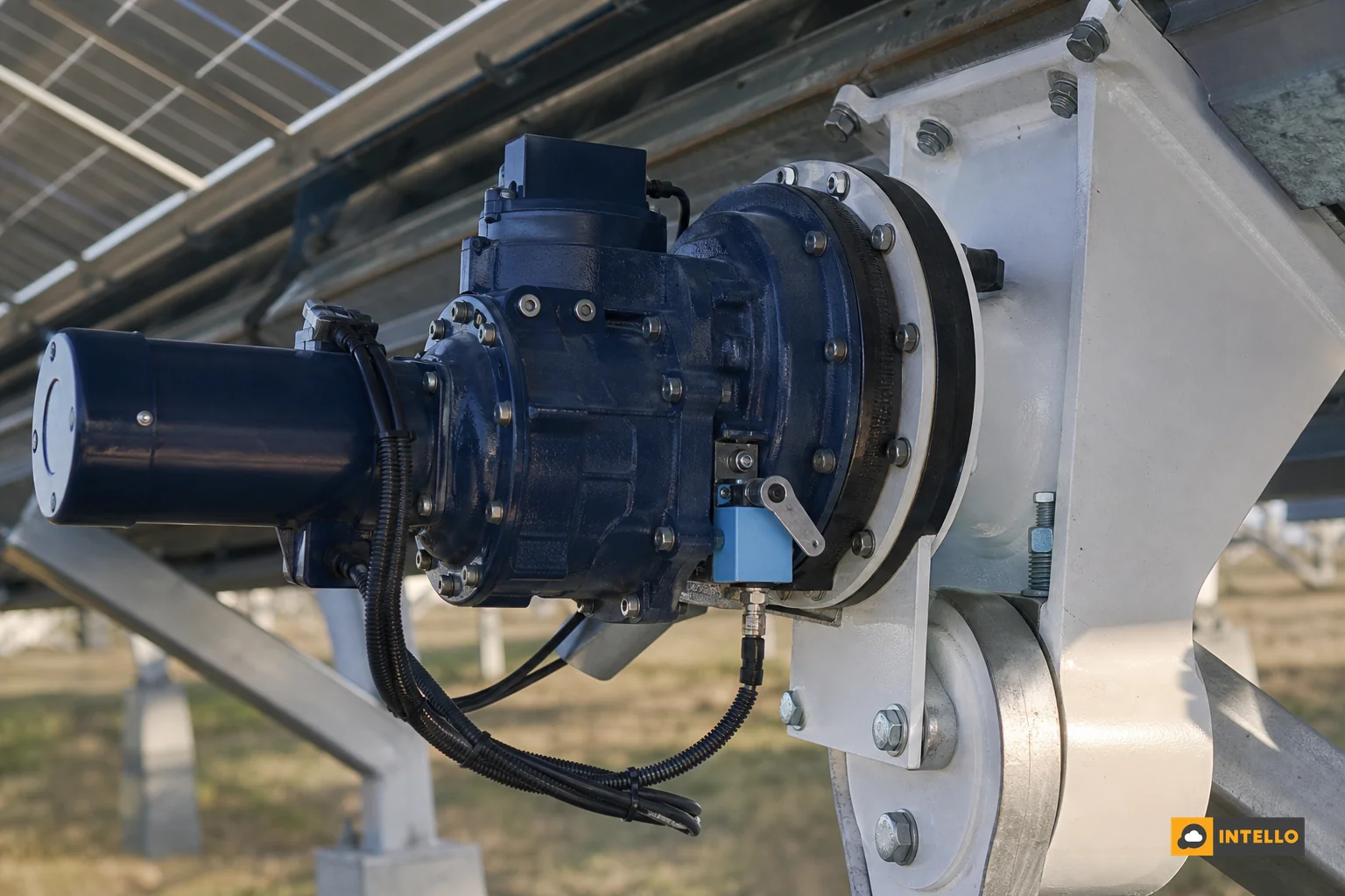 Close-up of a solar tracker motor, actuator and gearbox mechanism mounted on the pivoting frame. Photorealistic close-up photograph of a solar tracker's mechanical slew drive motor and gearbox mounted at the pivot point of a steel solar