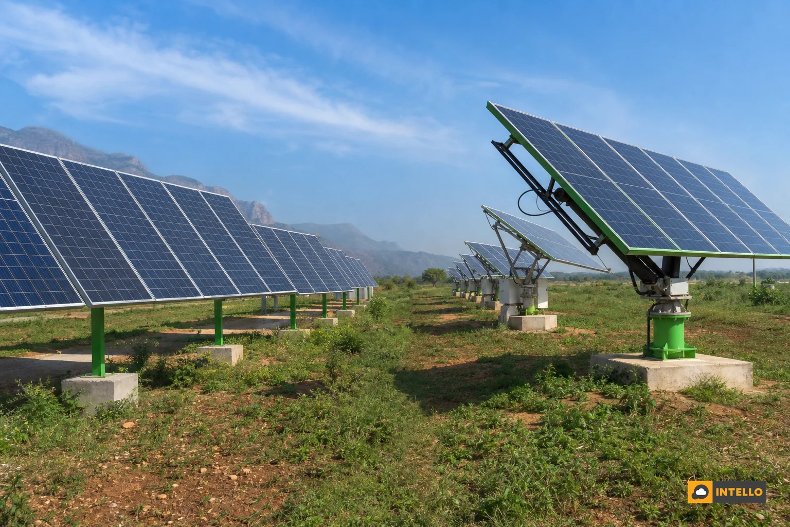 Comparison view of single-axis and dual-axis tracker arrays side by side. Photorealistic photograph showing two adjacent sections of a solar farm, one row of single-axis trackers tilted along one direction and another row of dual-axis