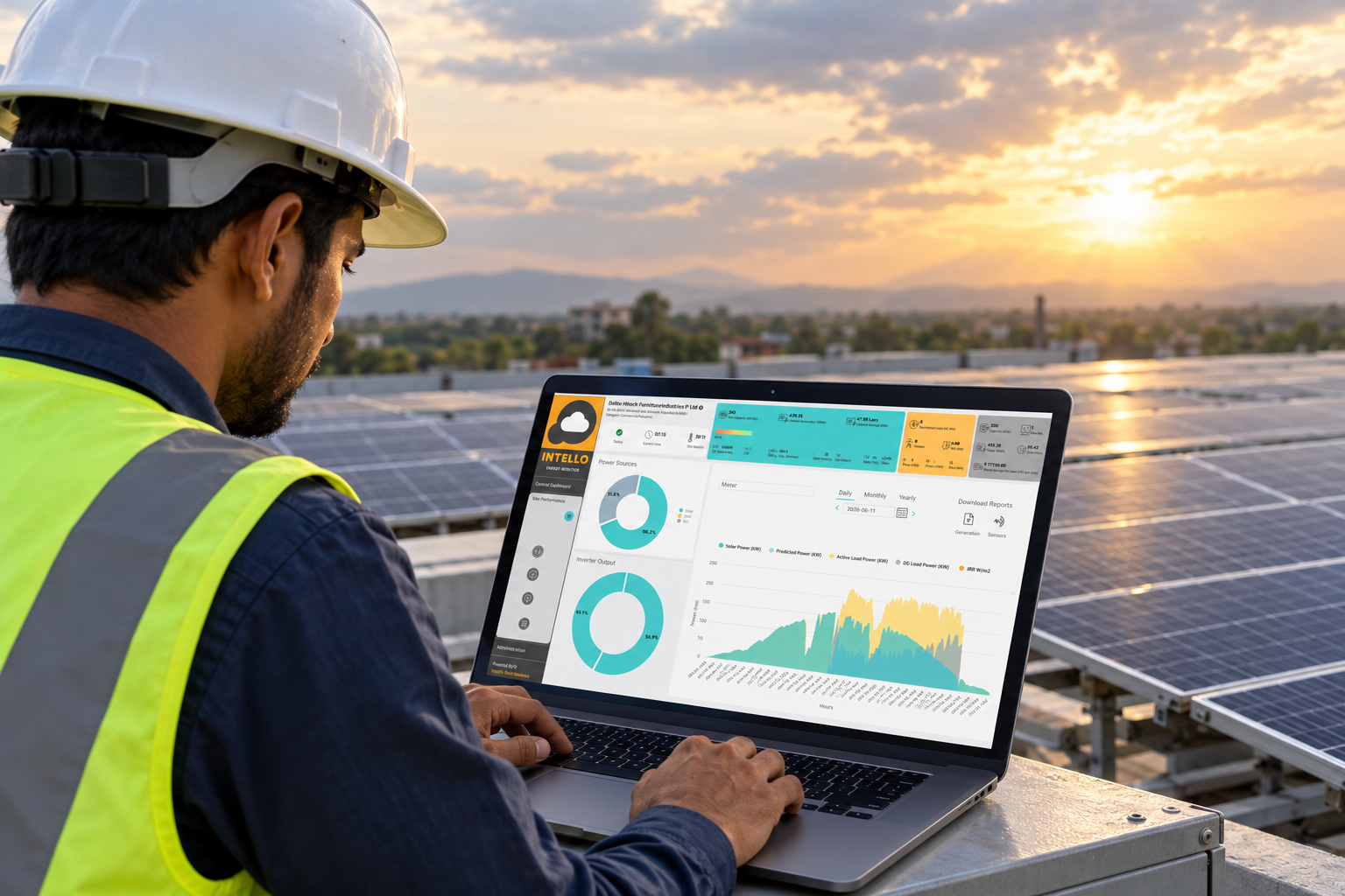 Engineer reviewing irradiance and generation data on a laptop at a solar site