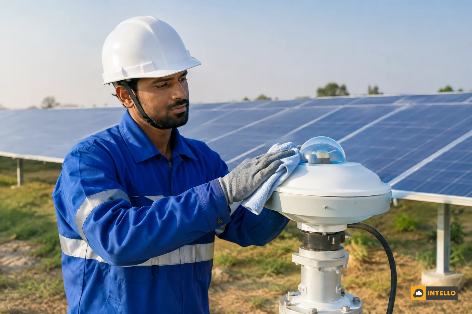 Technician wiping the dome of a pyranometer with a soft cloth at a solar plant