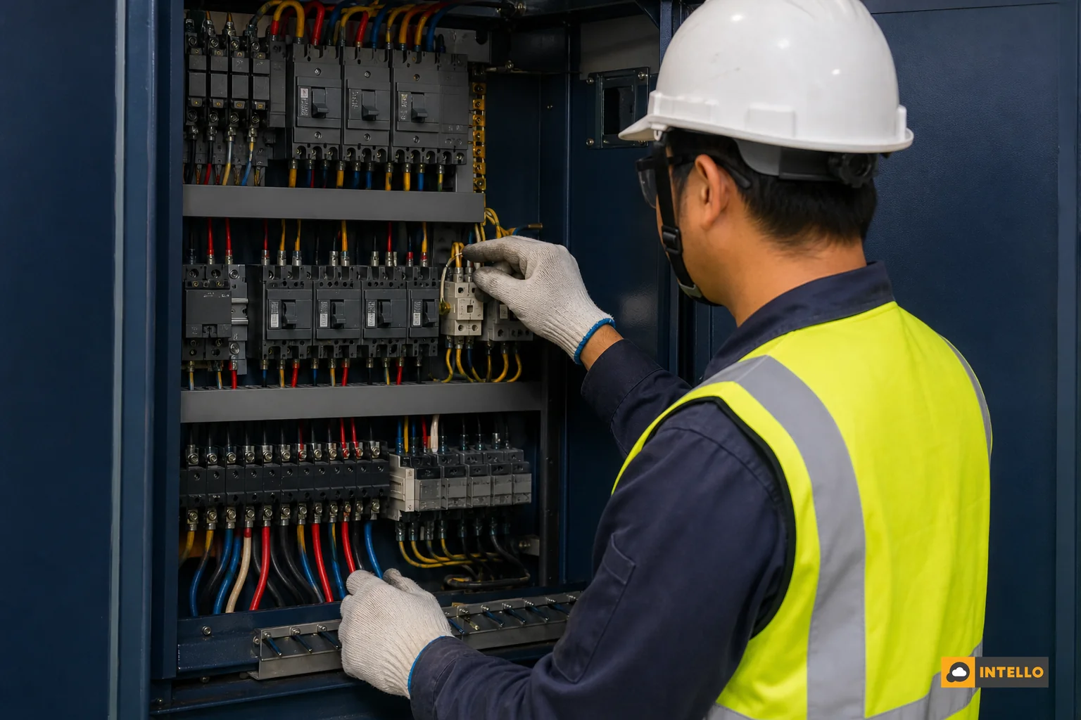 Technician inspecting electrical panel wiring and breakers during installation or maintenance. Photorealistic photo of a solar and electrical maintenance technician wearing safety gloves and a hi-vis vest inspecting the internal wiring and