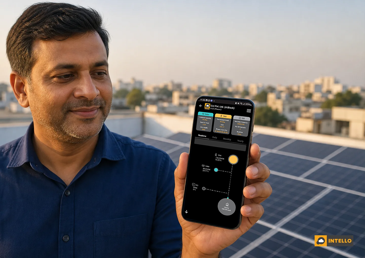 Business owner checking solar generation data on a mobile app on a rooftop with solar panels visible. photorealistic: A commercial building owner in India standing on a rooftop with solar panels in the background, looking at a smartphone