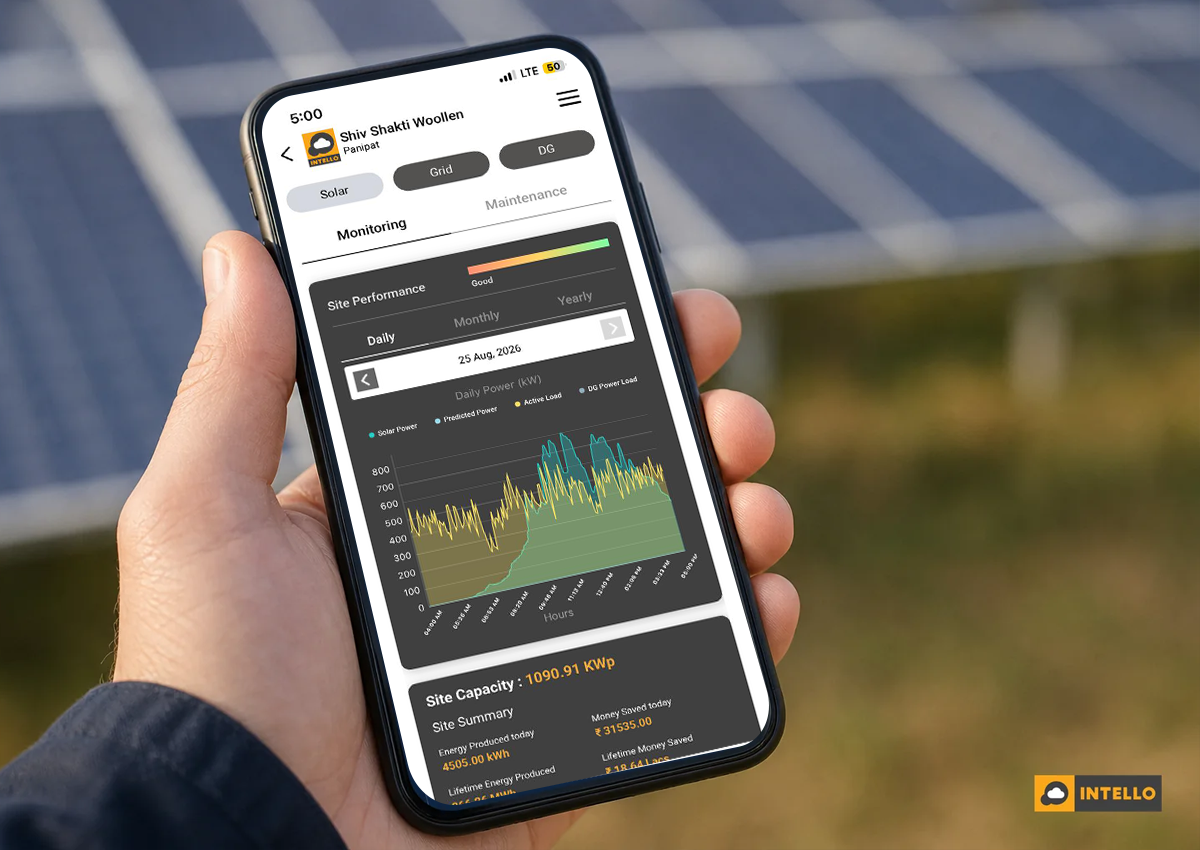 Close-up of a smartphone showing a solar fault alert notification with a technician responding. photorealistic: Close-up shot of a smartphone screen showing a solar monitoring app fault alert notification with a warning icon in amber and