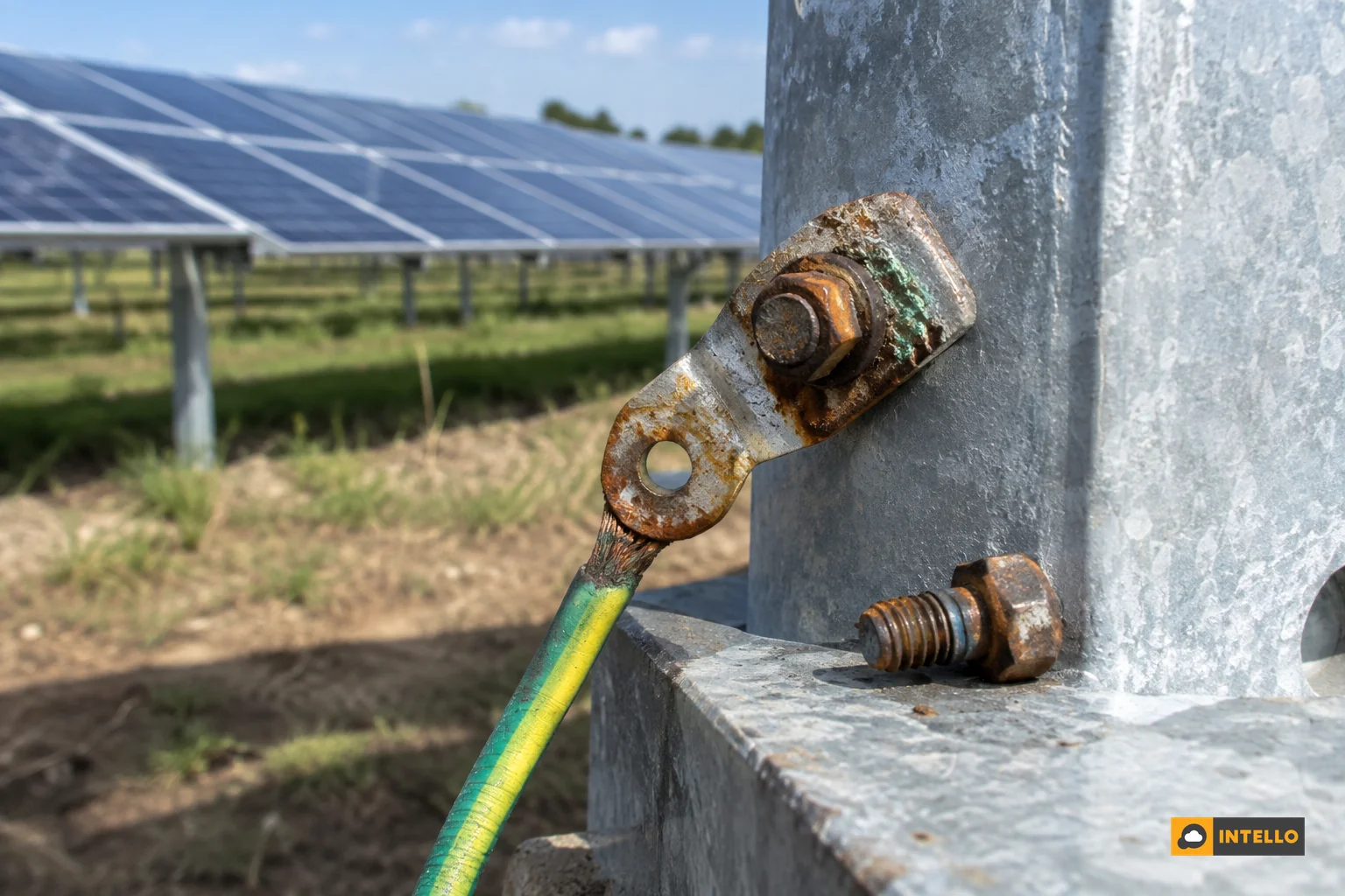 Corroded earthing lug on a ground-mounted solar structure at a solar farm