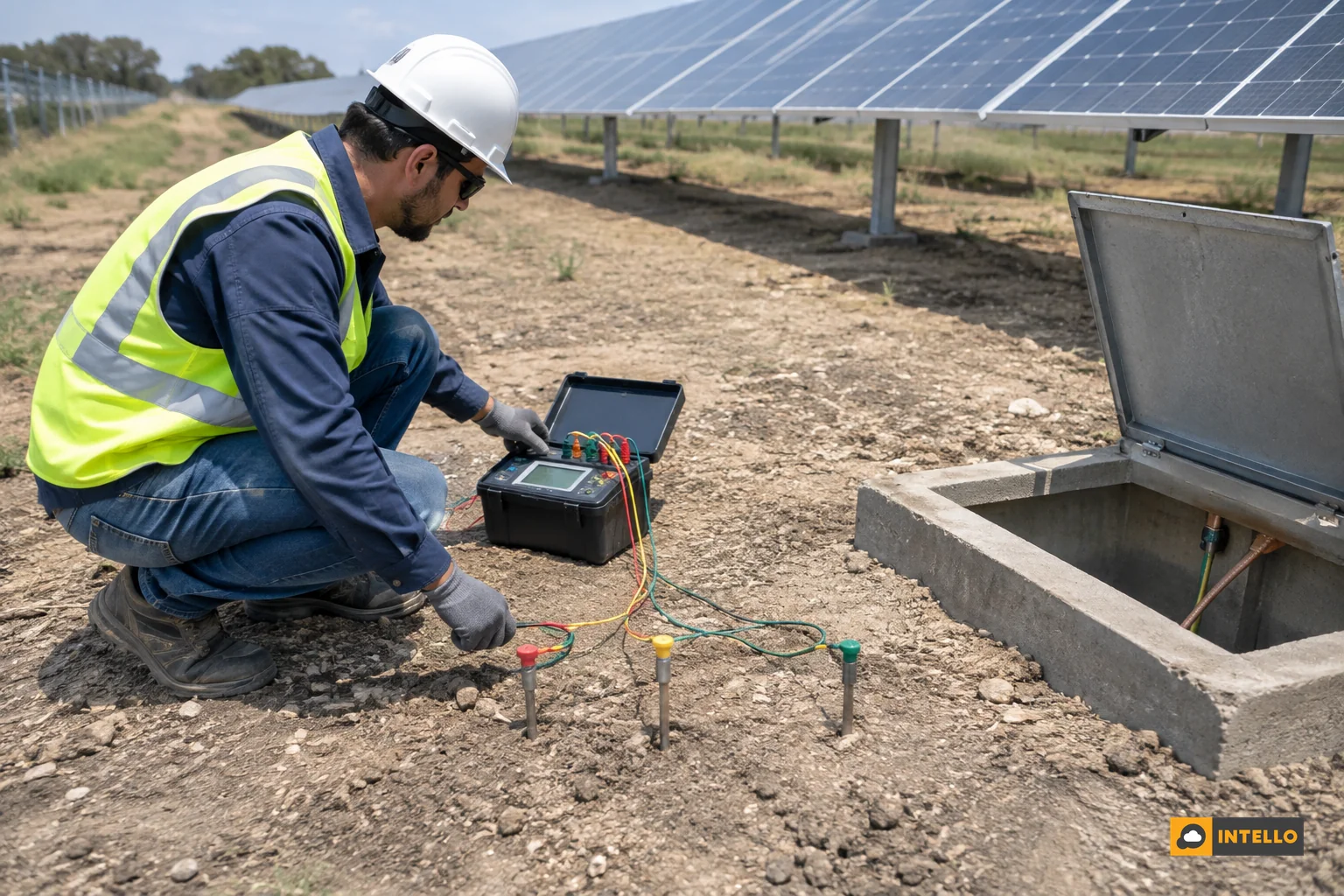 Technician testing an earth pit with an earth resistance tester beside a solar plant