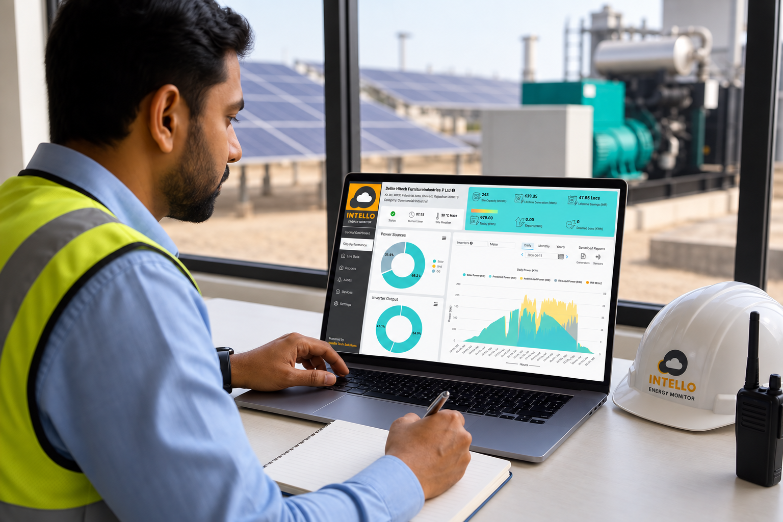 Engineer viewing solar monitoring dashboard on laptop with plant in background. Photorealistic photograph of an engineer in an office looking at a laptop screen displaying a solar monitoring dashboard with charts and alert icons, industrial