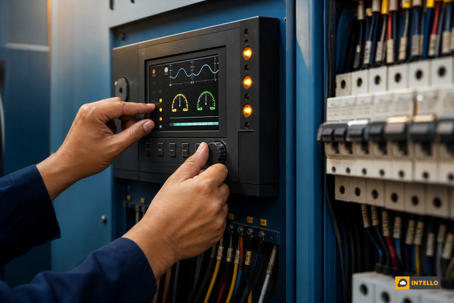 Close-up of synchronization controller panel with technician. Photorealistic close-up photograph of a technician's hands adjusting a synchronization controller panel mounted in an industrial electrical control room, digital display showing