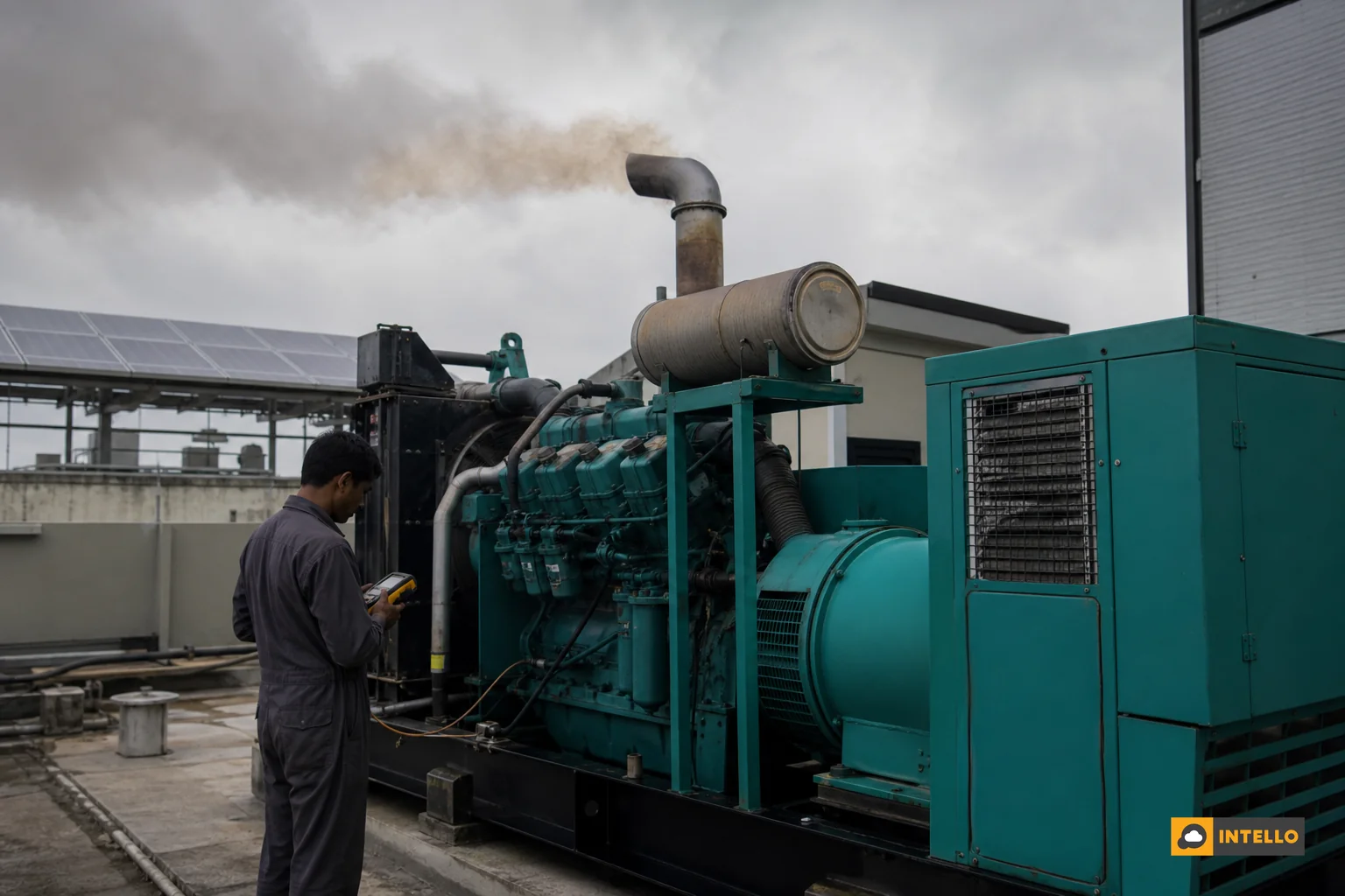 Diesel generator under strain next to solar array during a fault event. Photorealistic photograph of a diesel generator running at an Indian commercial facility during overcast weather with visible exhaust heat shimmer, solar panel array