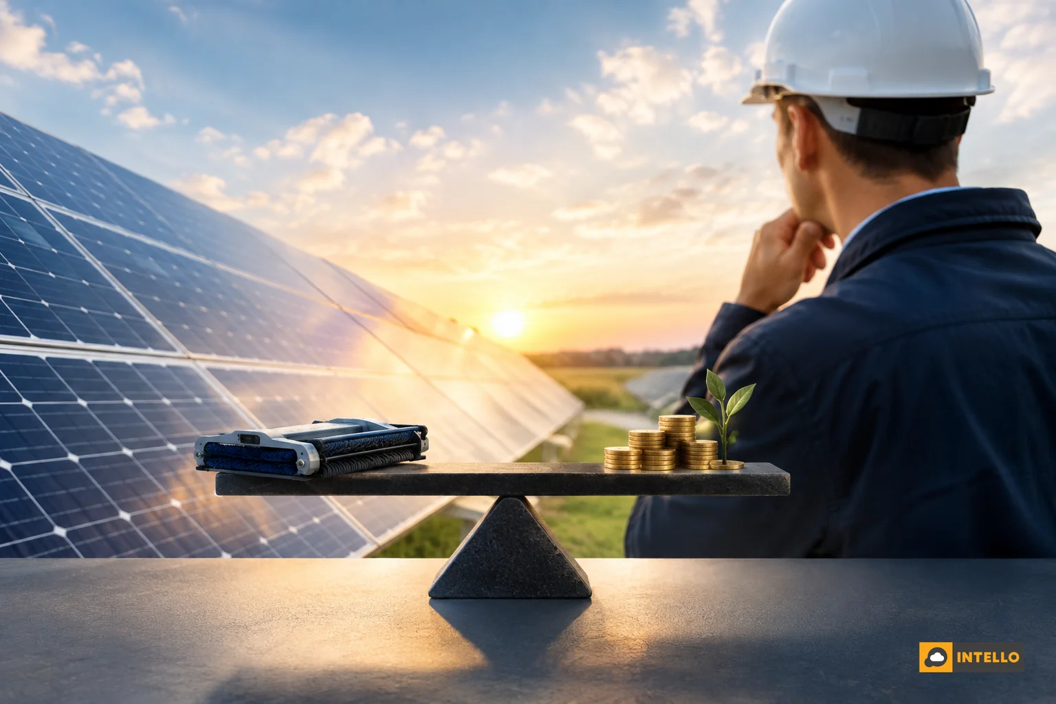 Engineer reviewing plant generation data on a tablet beside solar rows