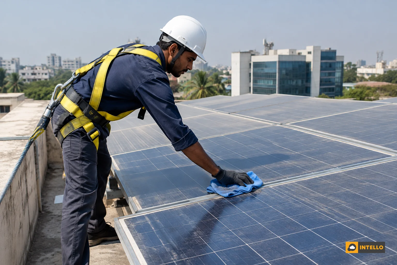 Technician manually wiping rooftop solar panels on a commercial building