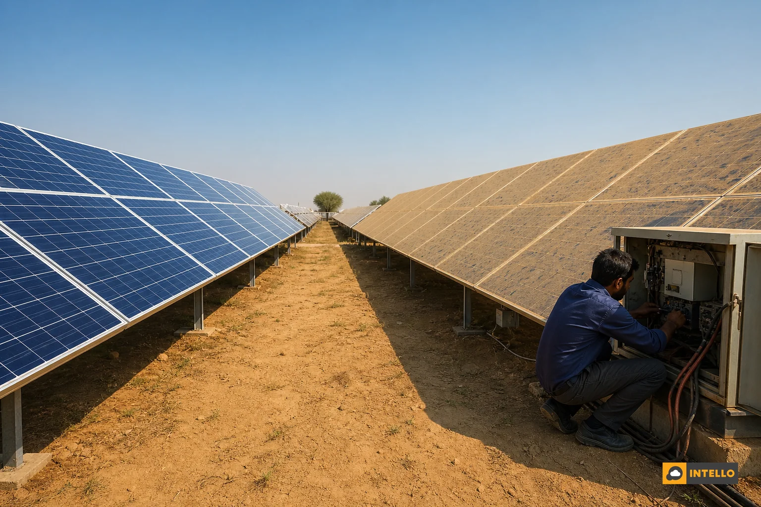 Split visual contrast showing a well-maintained clean solar array next to a neglected dusty solar array with a technician troubleshooting an inverter fault. Photorealistic photo split composition showing two adjacent rows of ground-mounted