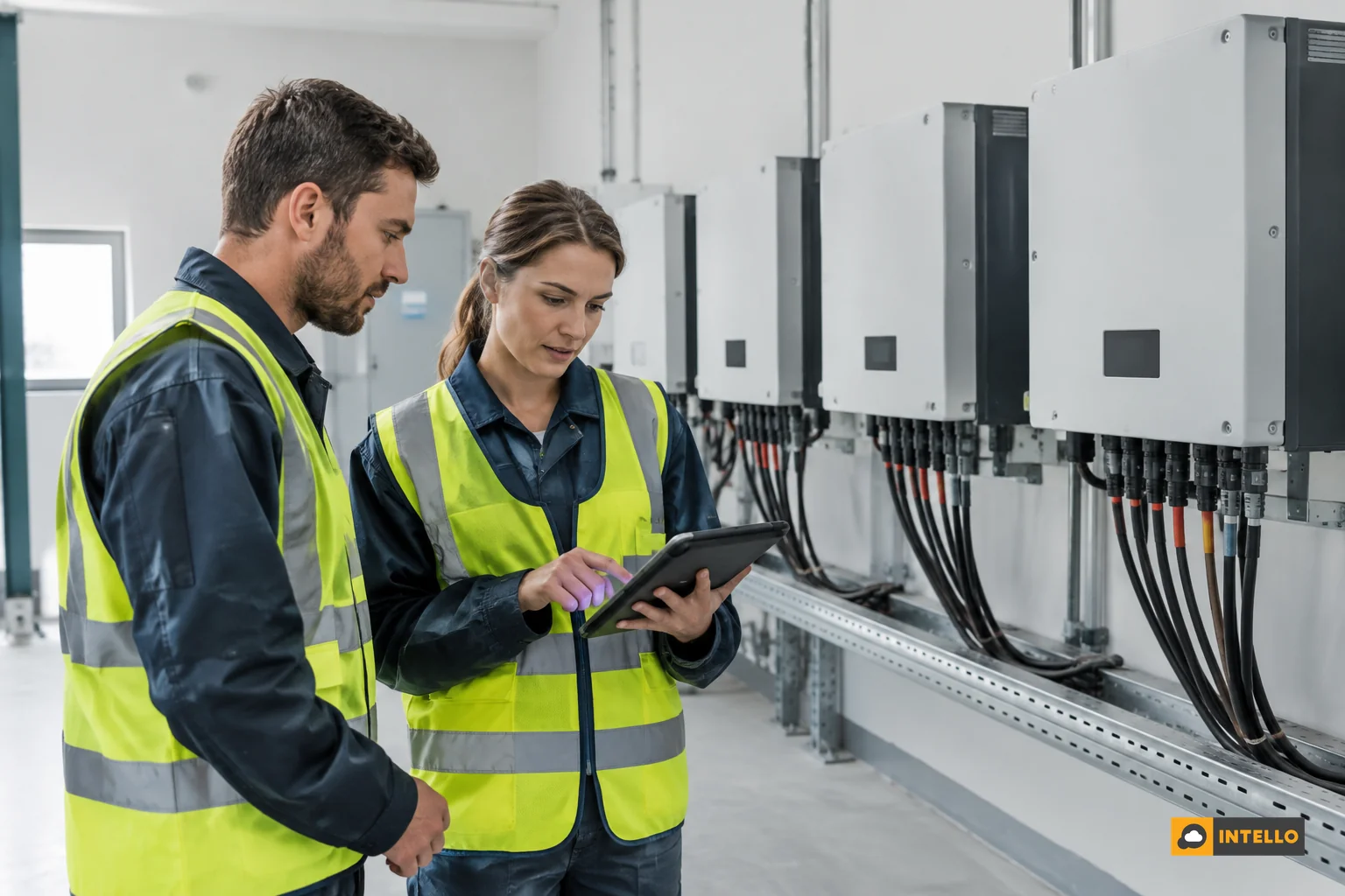 Two technicians reviewing a commissioning checklist on a tablet in front of solar inverters