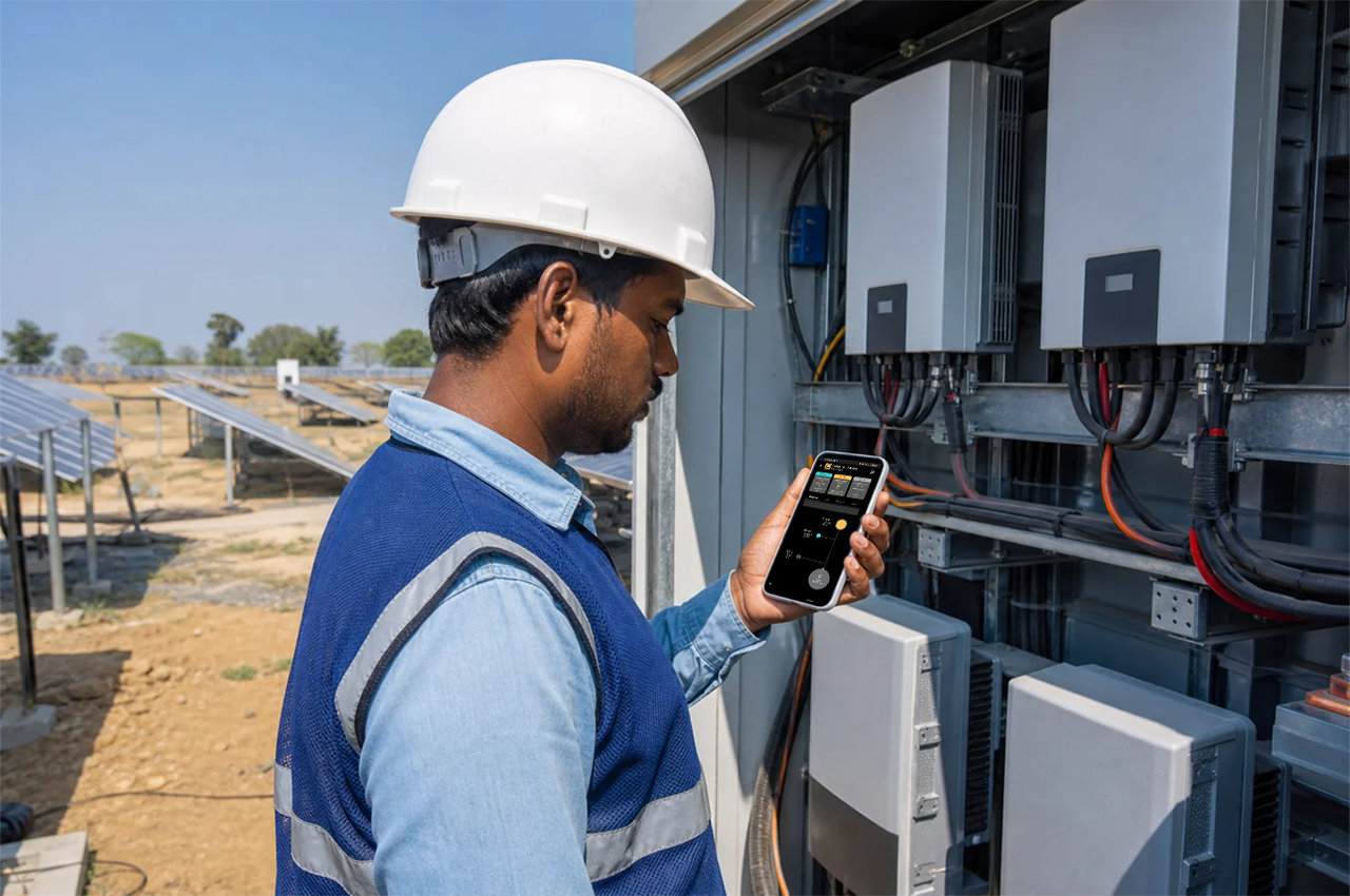 Solar technician checking a live fault alert notification on a mobile app near an inverter at a ground-mounted plant