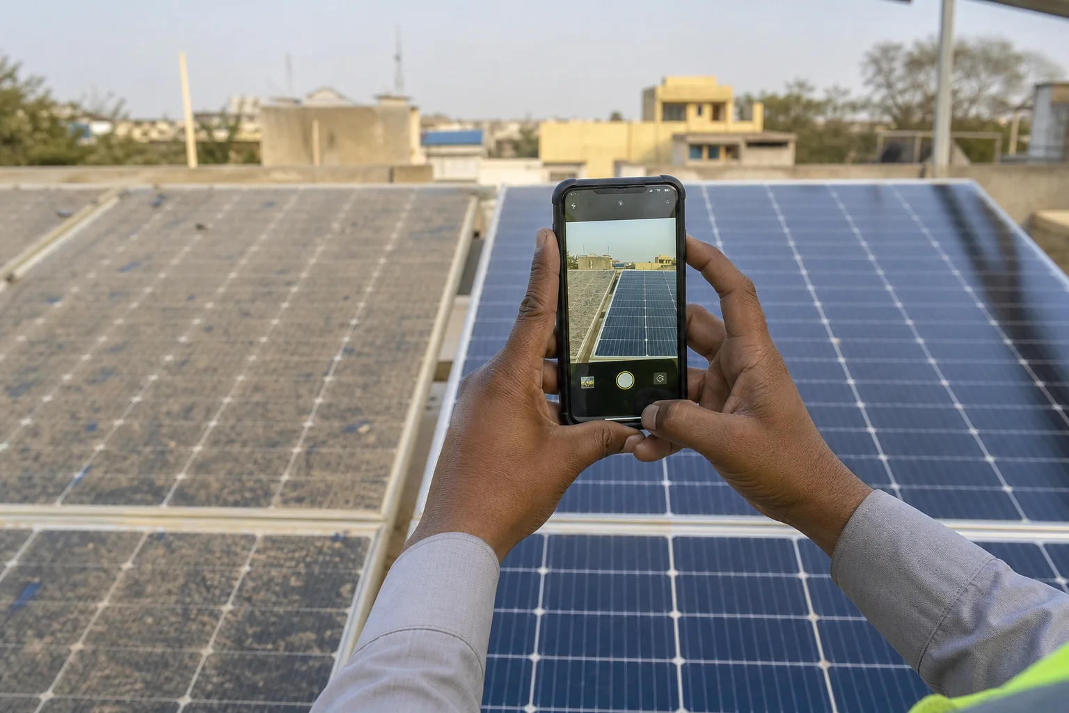 Technician capturing a timestamped before-and-after photo of solar panels during a cleaning visit