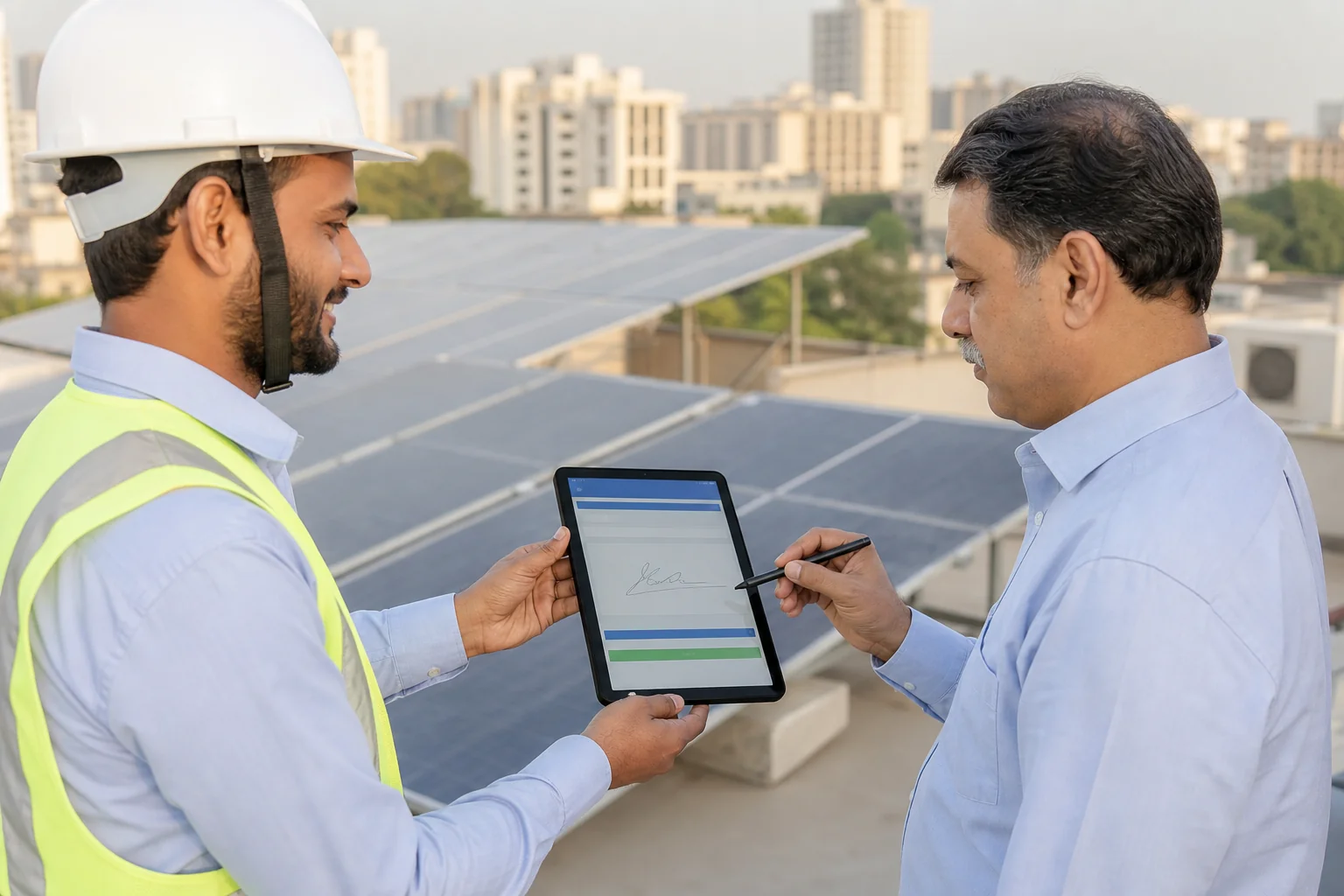 Solar technician completing a digital signature work order with a commercial building owner on a rooftop solar site in India