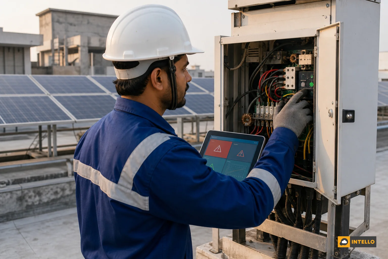 Field technician inspecting a rooftop solar inverter with a tablet showing fault alerts, representing maintenance response. Photorealistic photo of a solar maintenance technician in a branded uniform inspecting a rooftop solar inverter