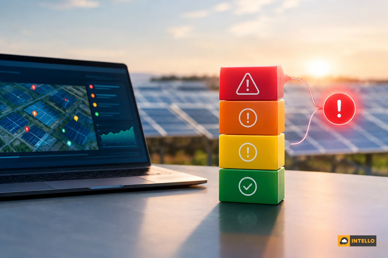 Control room team reviewing a multi-site solar monitoring dashboard to decide on technician dispatch. photorealistic: Interior of a modern solar operations control room with two engineers in business casual attire reviewing a large