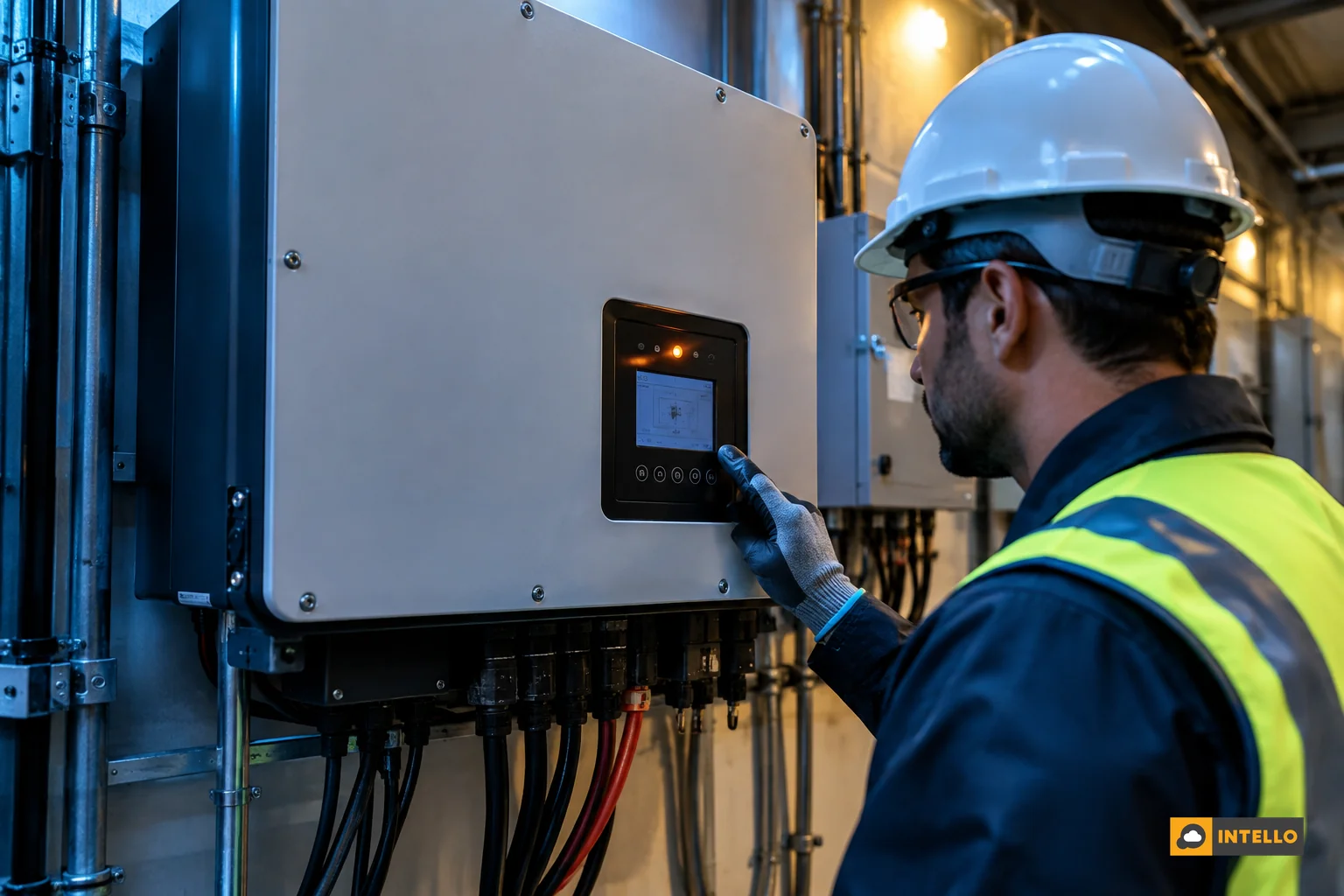 Close-up of a commercial solar inverter with a technician inspecting it for an urgent fault. photorealistic: Close-up shot of a large commercial string inverter mounted on a wall inside a solar plant control room, a technician in safety