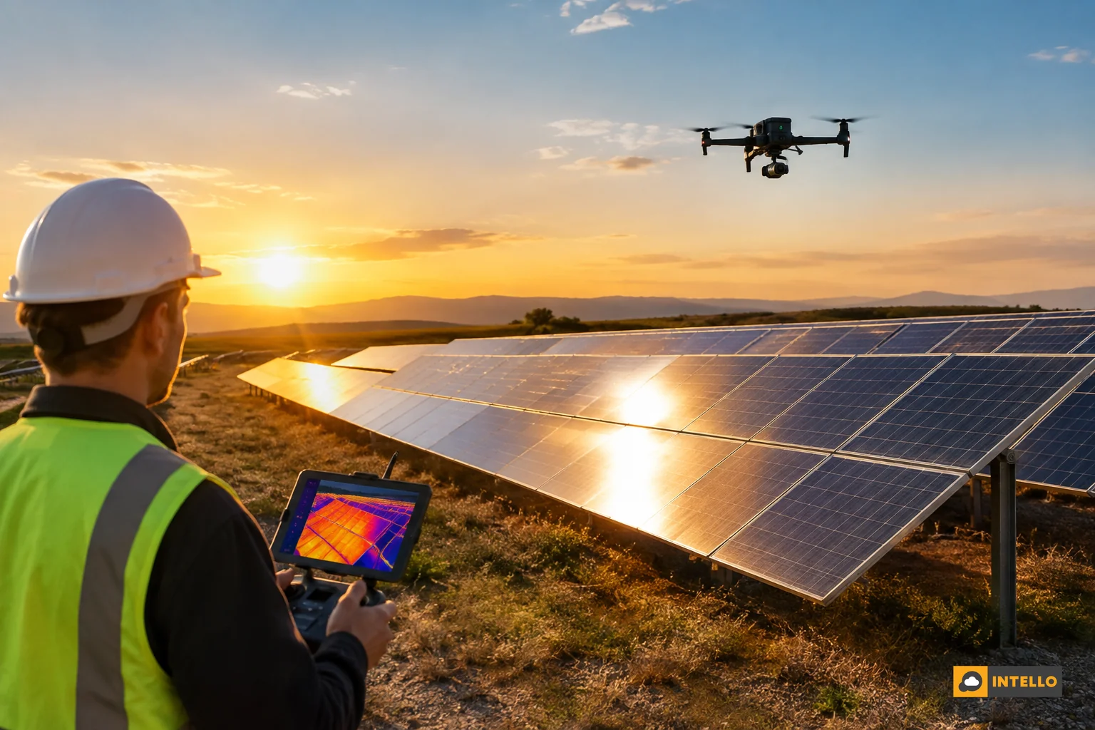 Split visual of sunlight reflecting off solar panels causing a false thermal alert versus a genuine fault. photorealistic: Wide shot of a ground-mounted solar array at golden hour with sunlight reflecting brightly off several panel