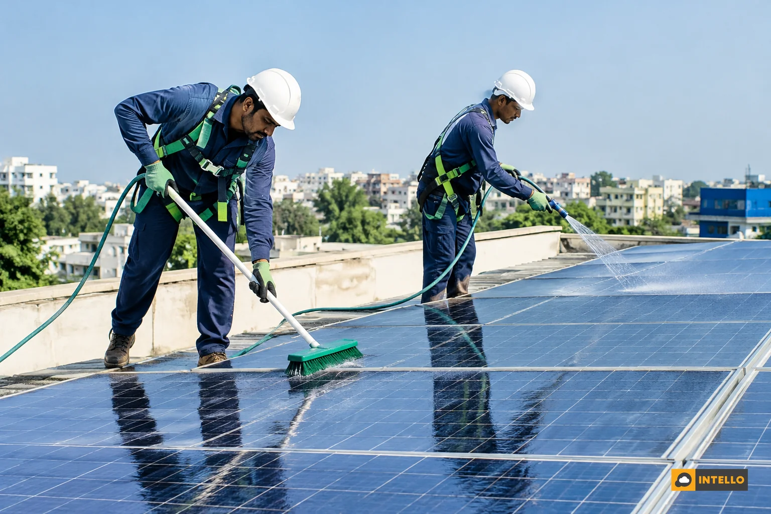 Professional cleaning crew safely washing solar panels on a rooftop. Photorealistic photo of two trained solar maintenance workers wearing harnesses and safety gear carefully wet-cleaning a row of rooftop solar panels with soft brushes and