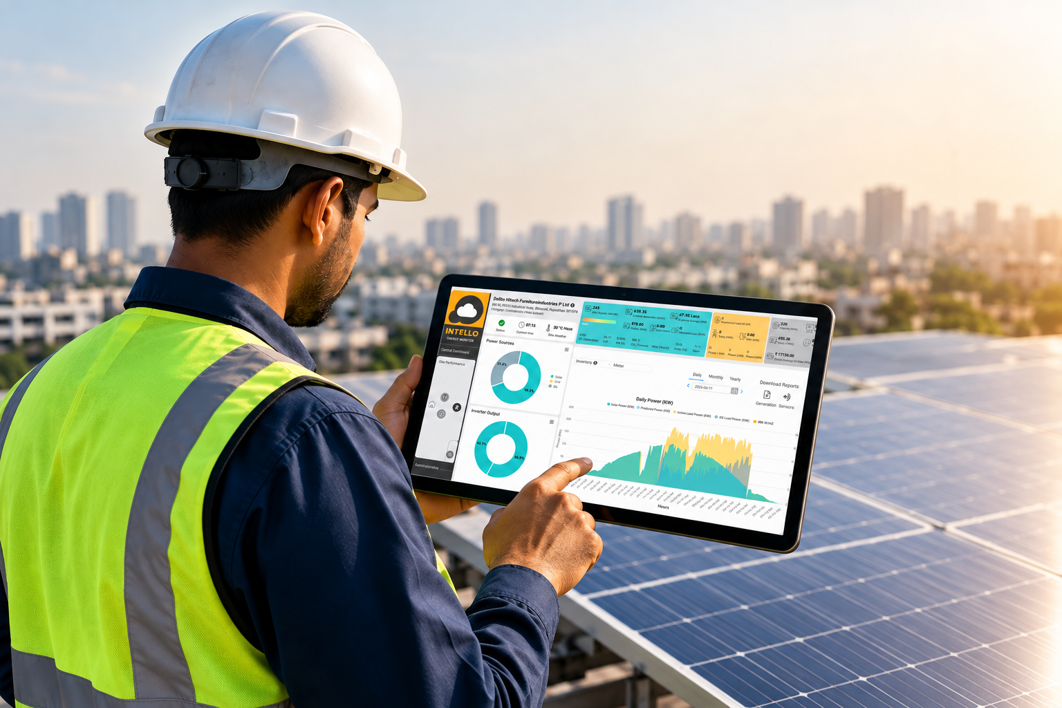 Technician checking a solar monitoring dashboard on a tablet near rooftop panels. Photorealistic photo of a solar maintenance technician standing on a commercial rooftop, holding a tablet displaying a generation performance graph, solar