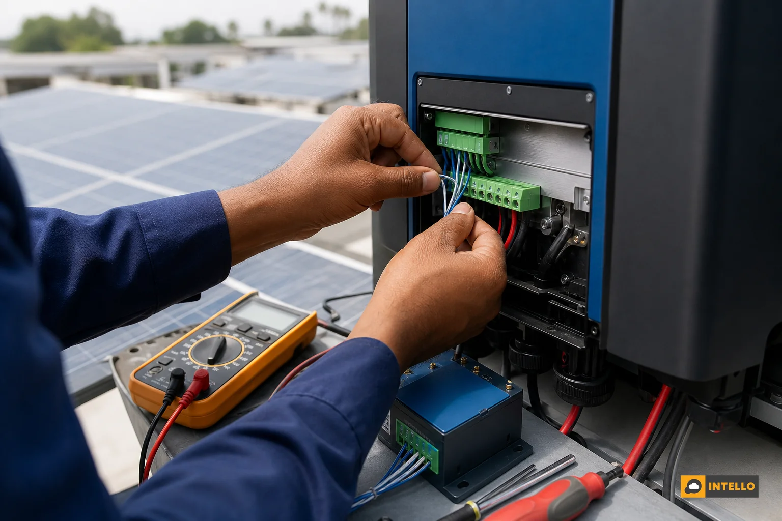 Close-up of hands wiring RTU terminals to solar inverter communication ports. Photorealistic close-up photo of a technician's hands carefully wiring RS-485 communication cables from a compact RTU device into a solar inverter's terminal