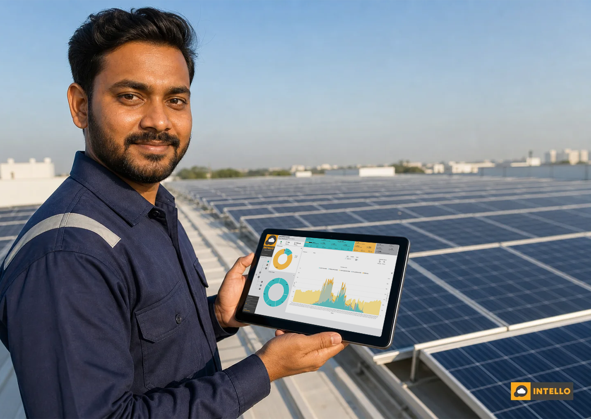 O&M technician checking a solar monitoring dashboard on a tablet at a plant site. Photorealistic photo of an Indian solar O&M engineer standing near rooftop solar panels holding a tablet displaying a monitoring dashboard with graphs and