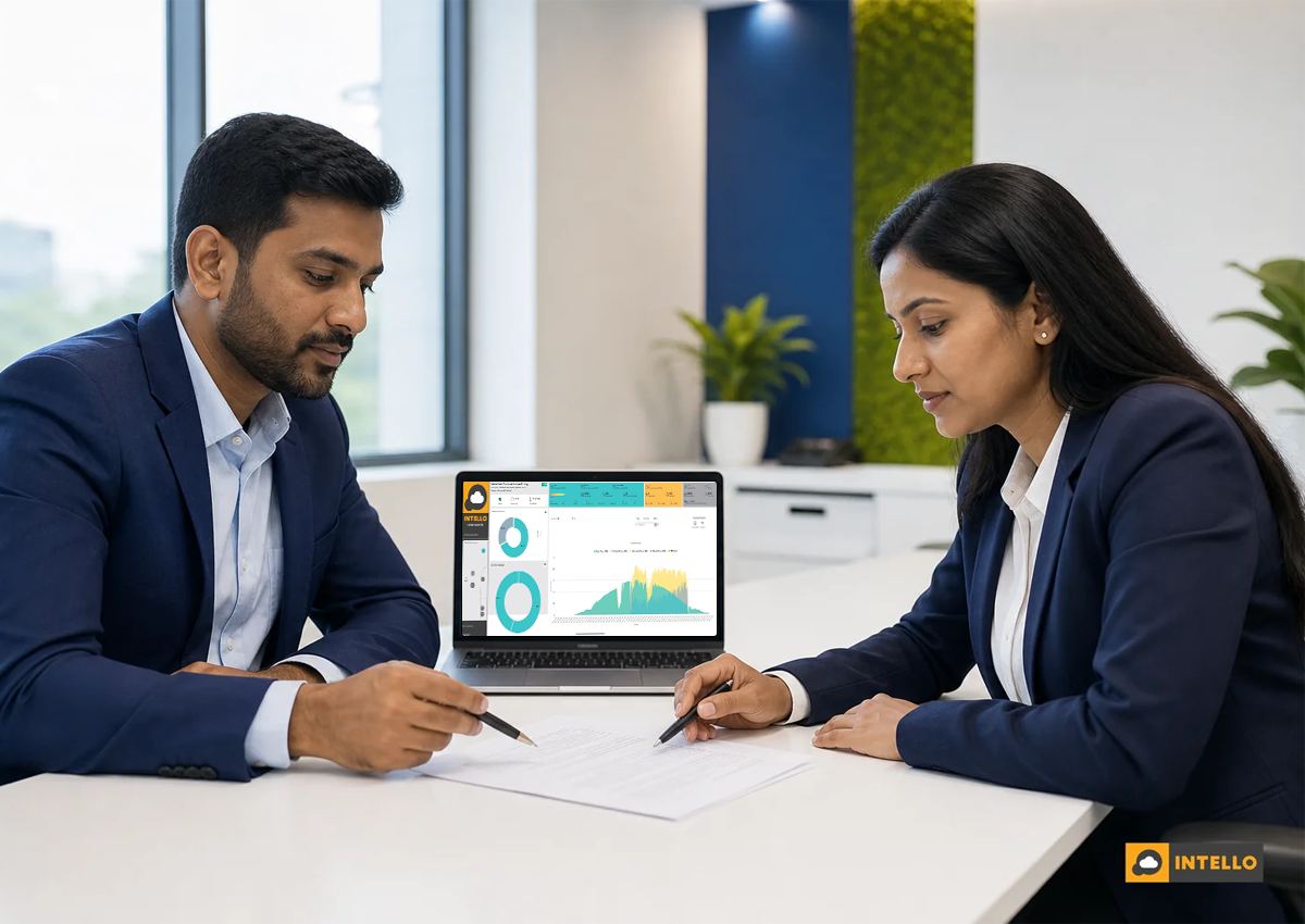 Two professionals in a meeting room discussing a solar AMC contract with a laptop showing a monitoring dashboard. Photorealistic photo of two Indian business professionals, one man and one woman, seated at a conference table discussing a