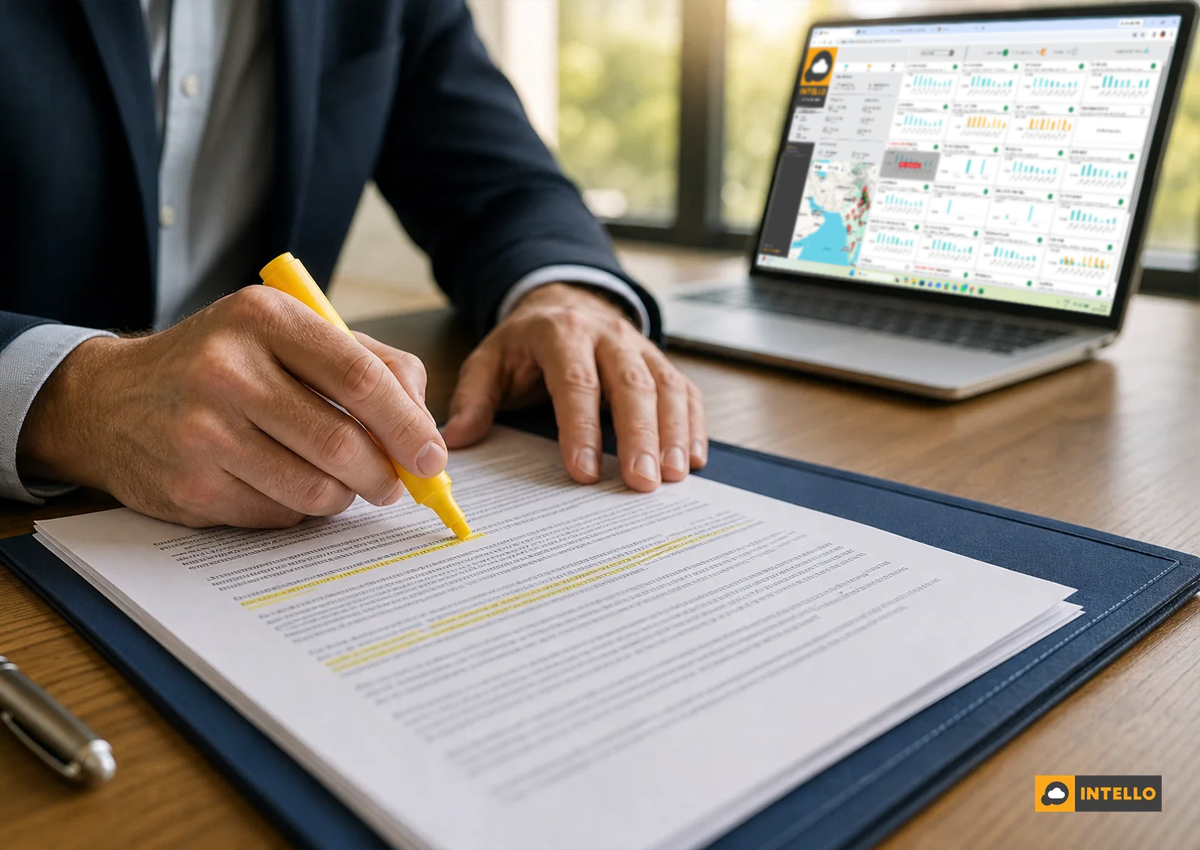 Close-up of a business person reviewing a printed contract with a highlighter, marking clauses, in an office setting. Photorealistic close-up photo of a professional's hands holding a yellow highlighter over a printed legal contract