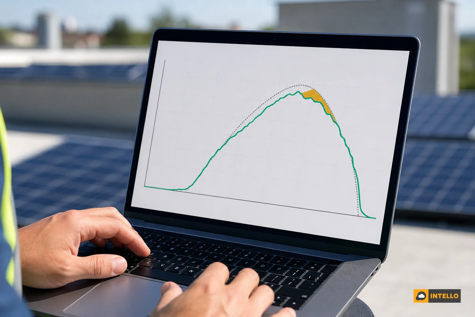 Close-up of a dashboard screen showing a generation curve compared against an expected output line. Photorealistic close-up photograph of a laptop screen displaying a solar generation performance graph: an actual power output curve in