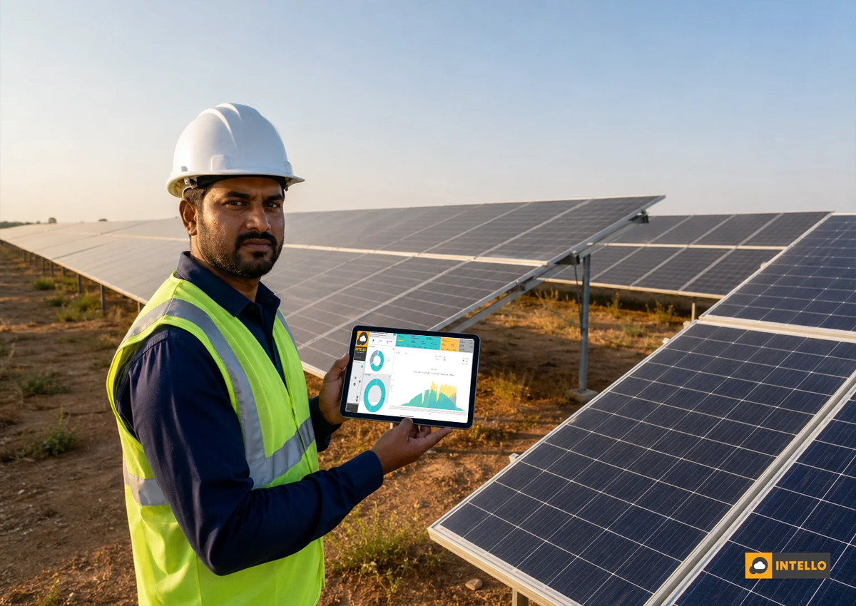 Technician reviewing long-term degradation and performance trend charts on a tablet at a solar site. Photorealistic photograph of a solar O&M technician standing among rows of ground-mounted solar panels in India, holding a tablet that