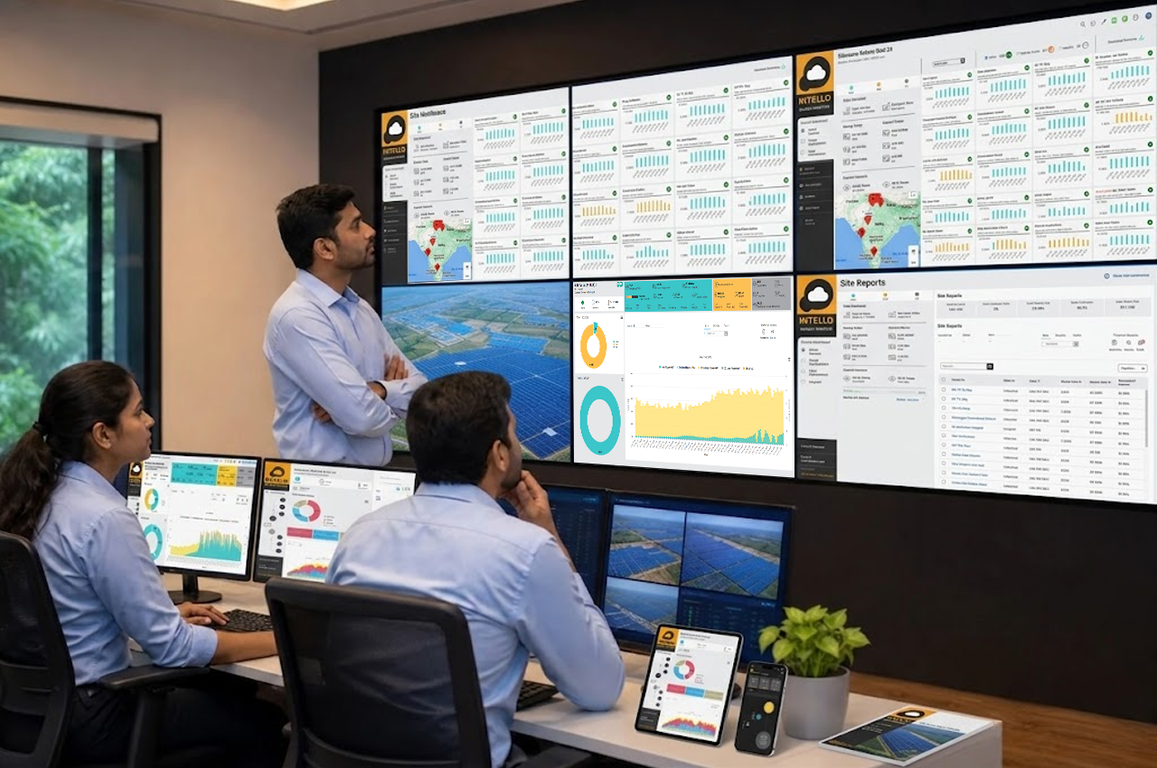 Team of solar O&M experts in a monitoring control room managing solar warranty claims across multiple sites in India