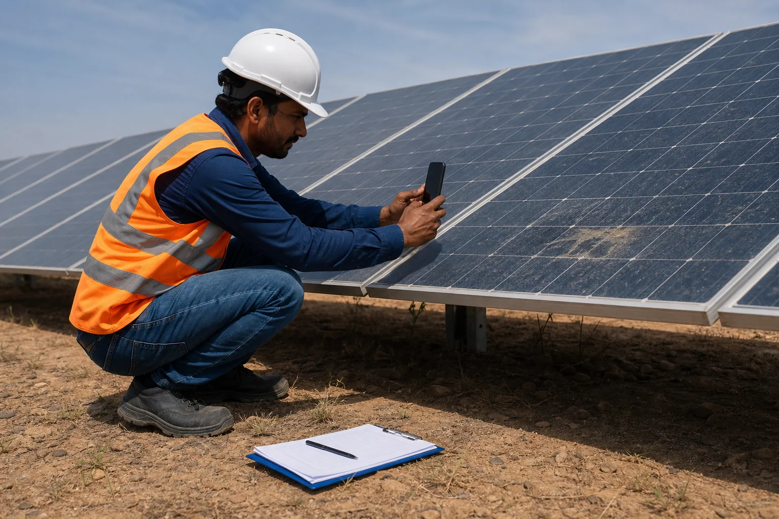 Solar technician photographing a defective panel as evidence for a warranty claim submission in India