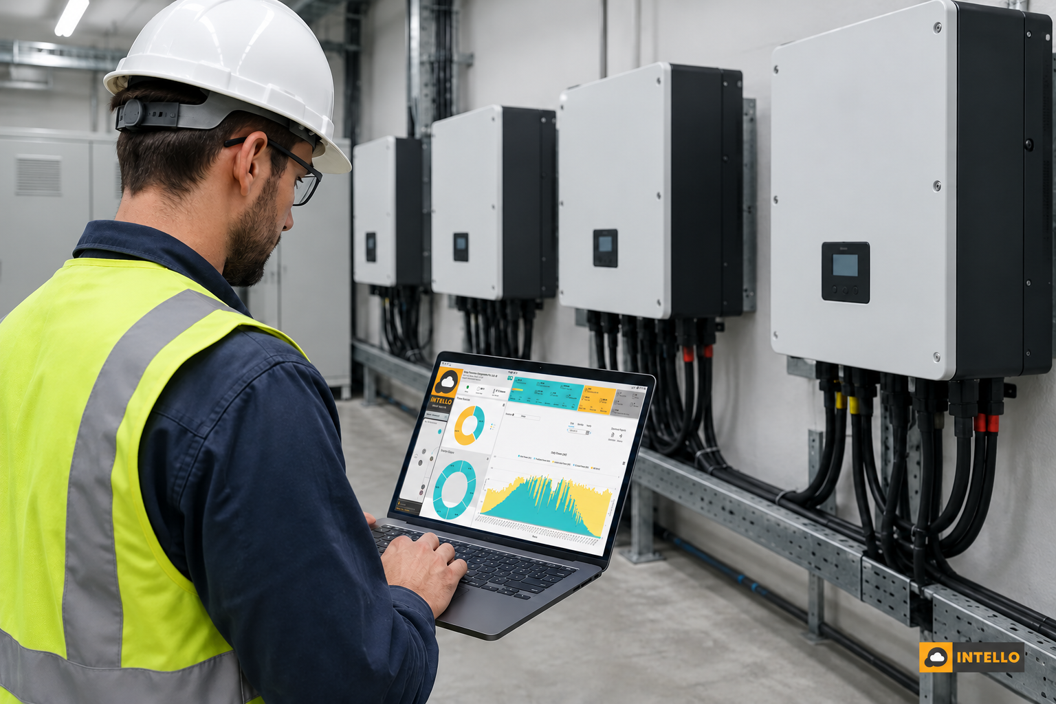Engineer reviewing solar plant performance dashboard on a laptop beside inverters
