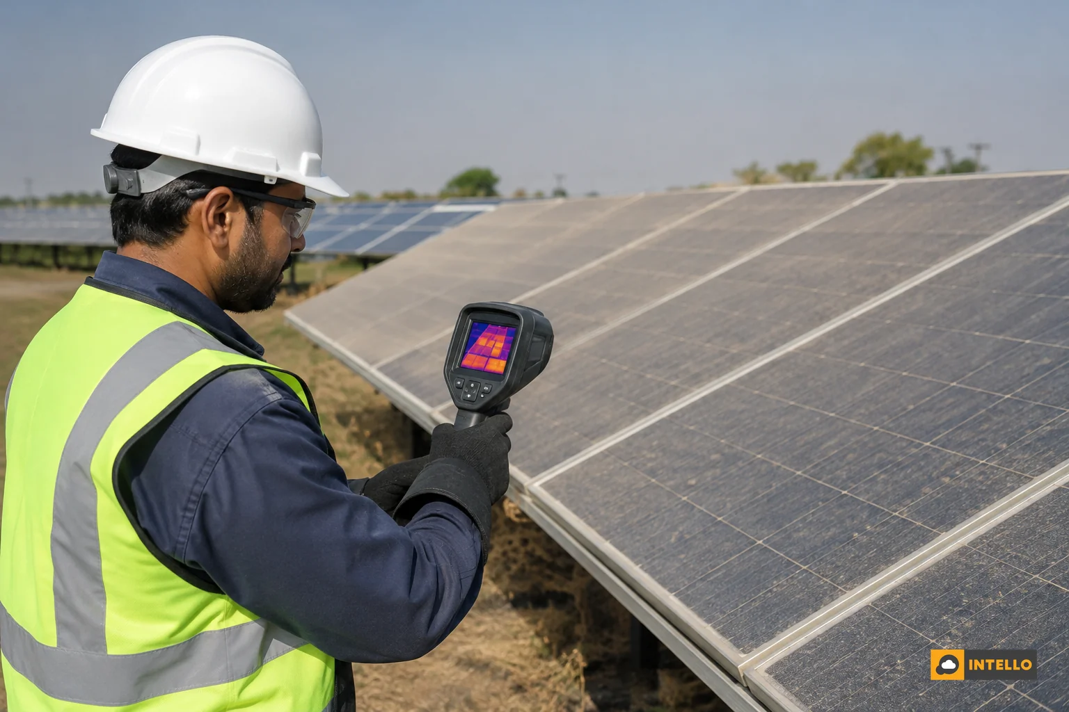 Technician inspecting dusty solar panels with a thermal camera on an Indian rooftop