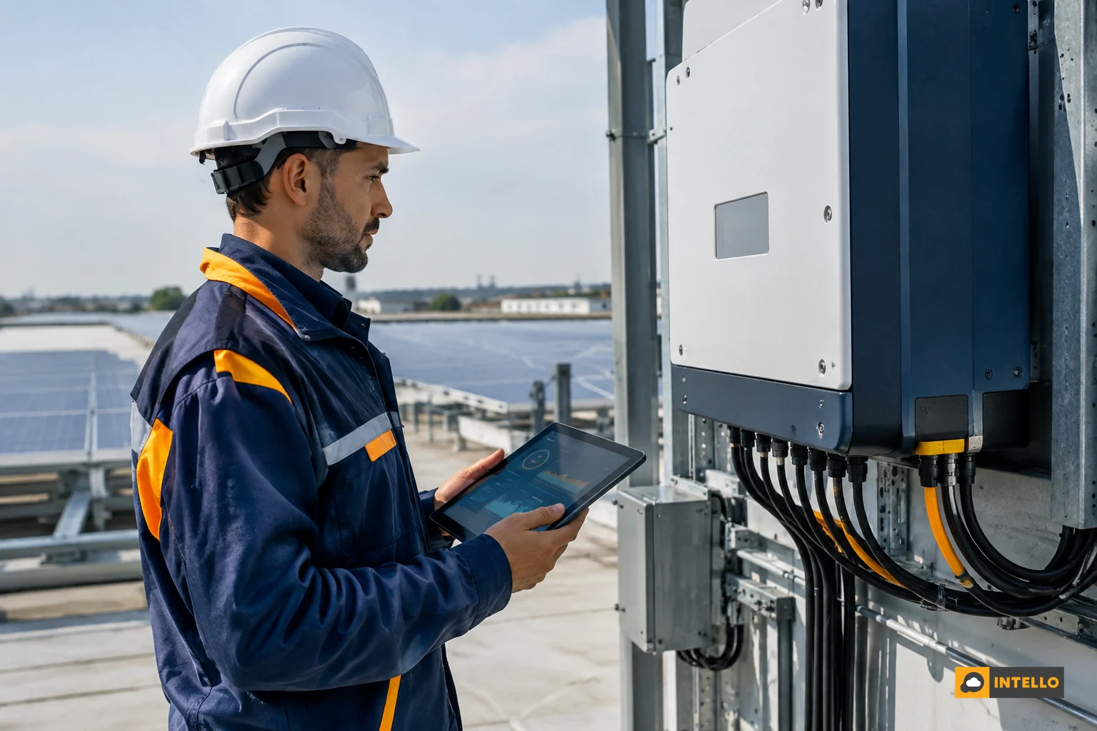 Close-up of a technician inspecting an inverter and noting findings on a tablet. Photorealistic photo of a solar O&M technician inspecting a wall-mounted string inverter in an industrial rooftop solar installation, holding a tablet
