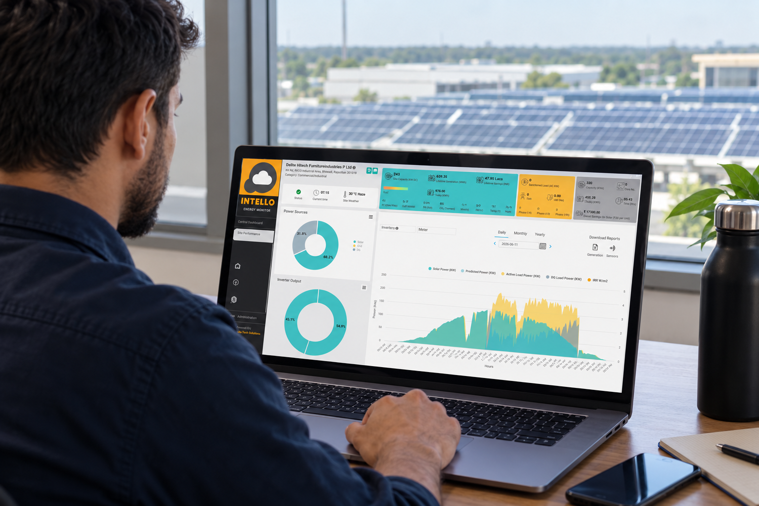 Engineer viewing a solar monitoring dashboard on a laptop at a solar site office. Photorealistic photo of an engineer sitting at a desk at a solar plant site office, viewing a solar performance monitoring dashboard on a laptop screen with