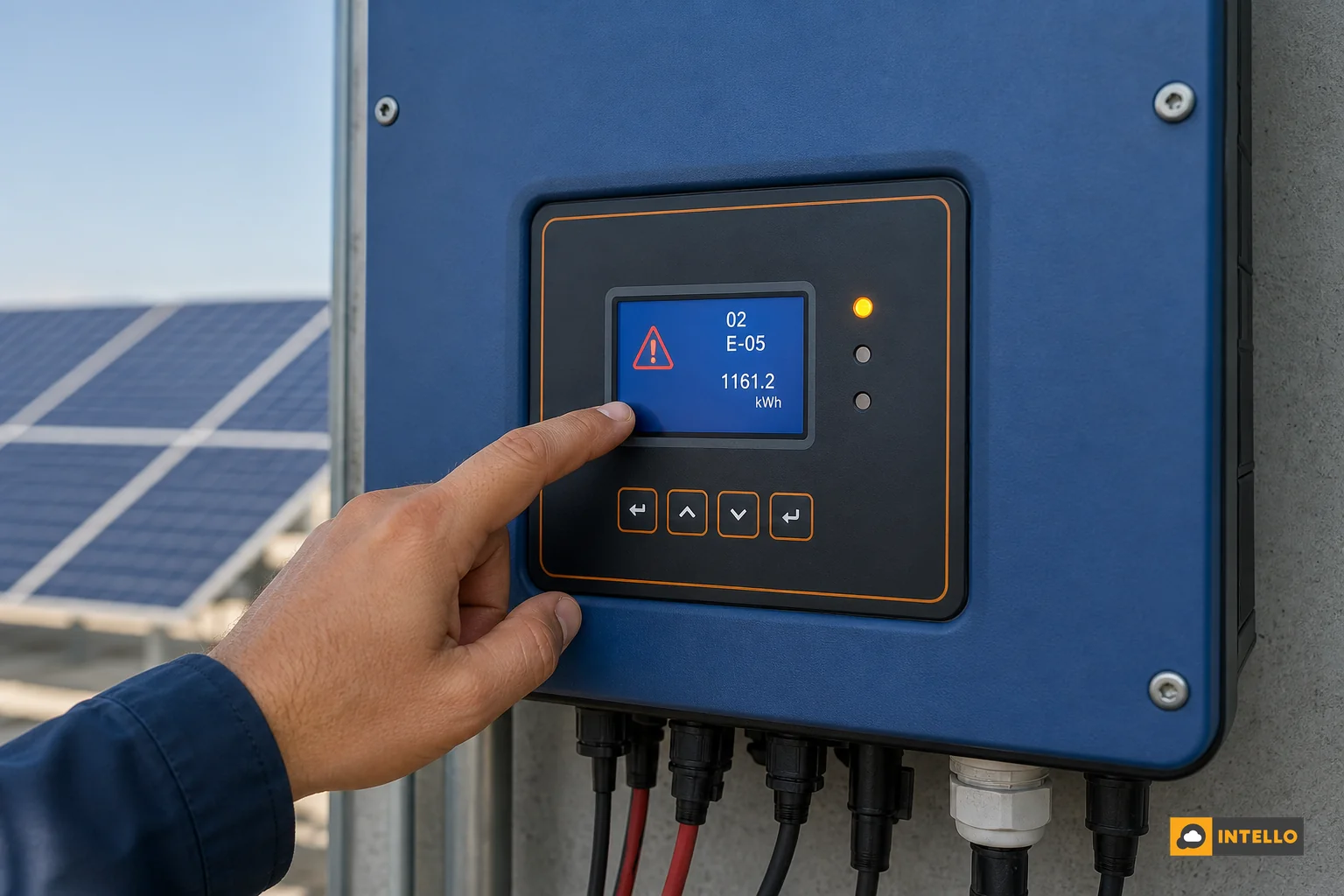 Close-up of solar inverter display showing fault code and generation data. photorealistic close-up photo of a commercial solar string inverter mounted on a wall, its digital display screen glowing with fault code and generation kWh readout