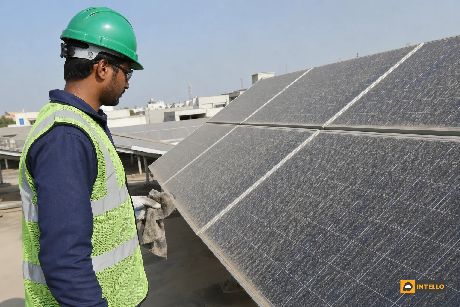 Technician inspecting soiled solar panels on an Indian rooftop. photorealistic photo of a maintenance technician in safety gear inspecting a row of dusty solar panels on an Indian commercial rooftop, visible dust and soiling streaks on