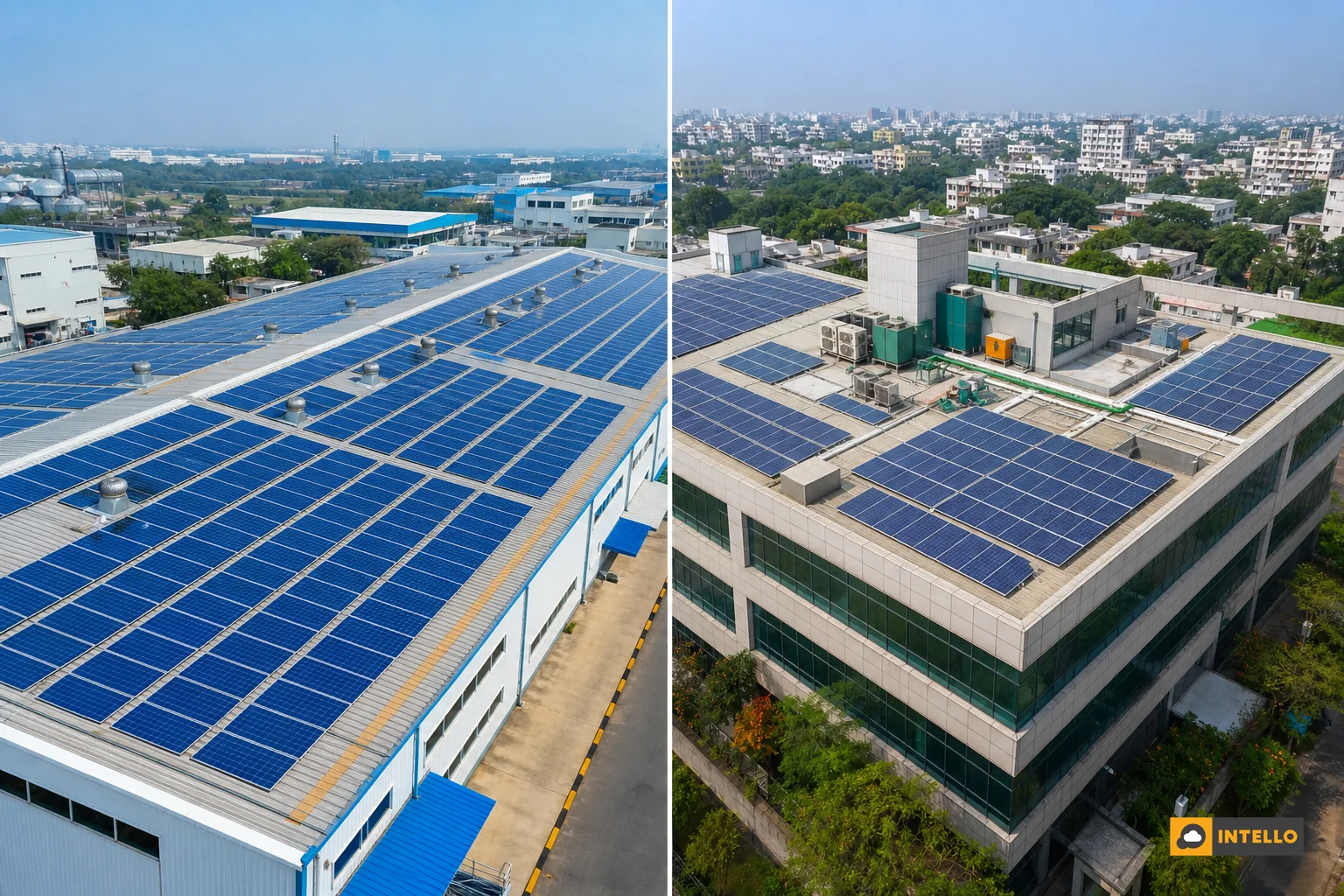 Split rooftop solar installations across different Indian cities with disconnected feel. Photorealistic image: Aerial view of two separate commercial rooftop solar installations in different Indian cities, one with a warehouse roof and one