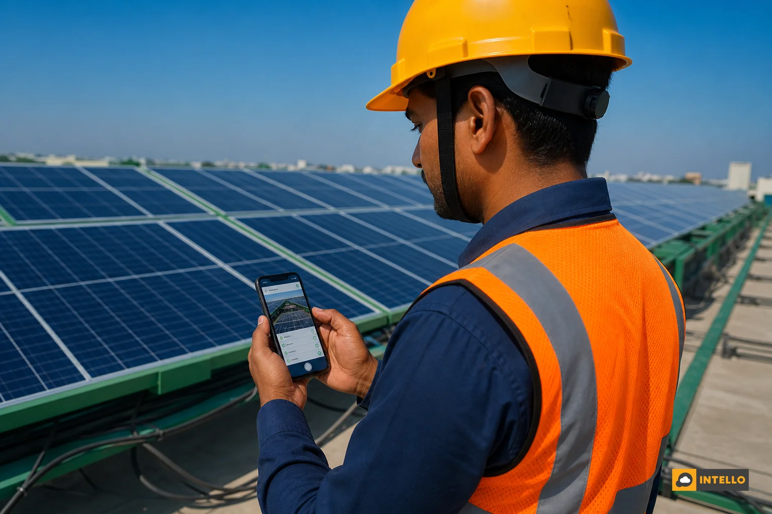 Field technician using a mobile app on a rooftop solar site for maintenance verification. Photorealistic image: An Indian field technician in a safety vest and hard hat standing on a commercial rooftop solar installation, holding a