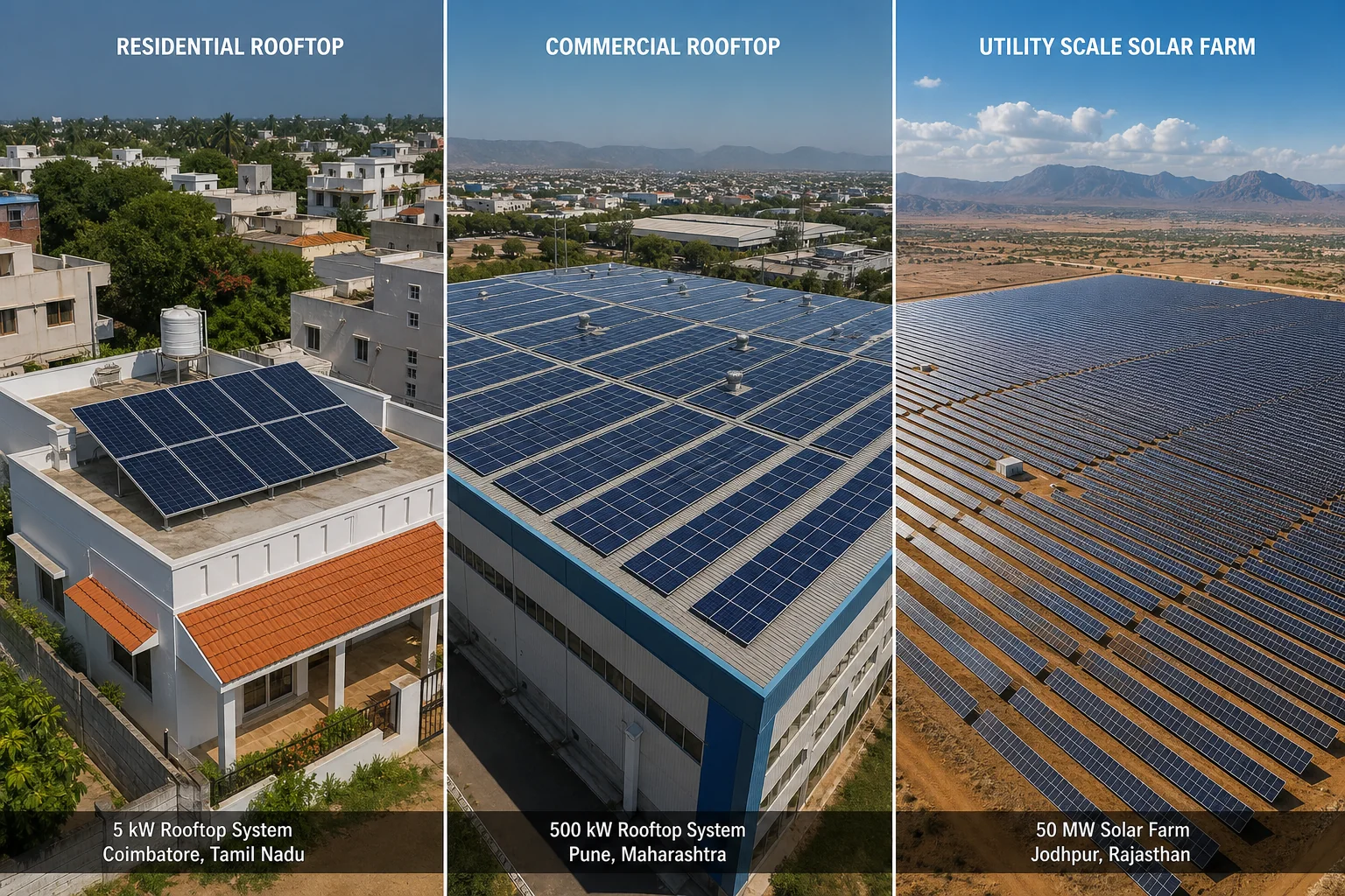 Three solar installation types in India, residential rooftop, commercial rooftop, and ground-mounted, each suited to different maintenance contract structures