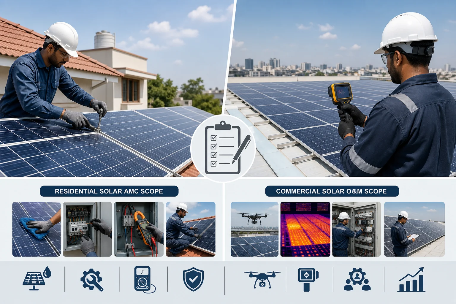 Side-by-side comparison of solar AMC and O&M contract scope for residential and commercial solar installations in India
