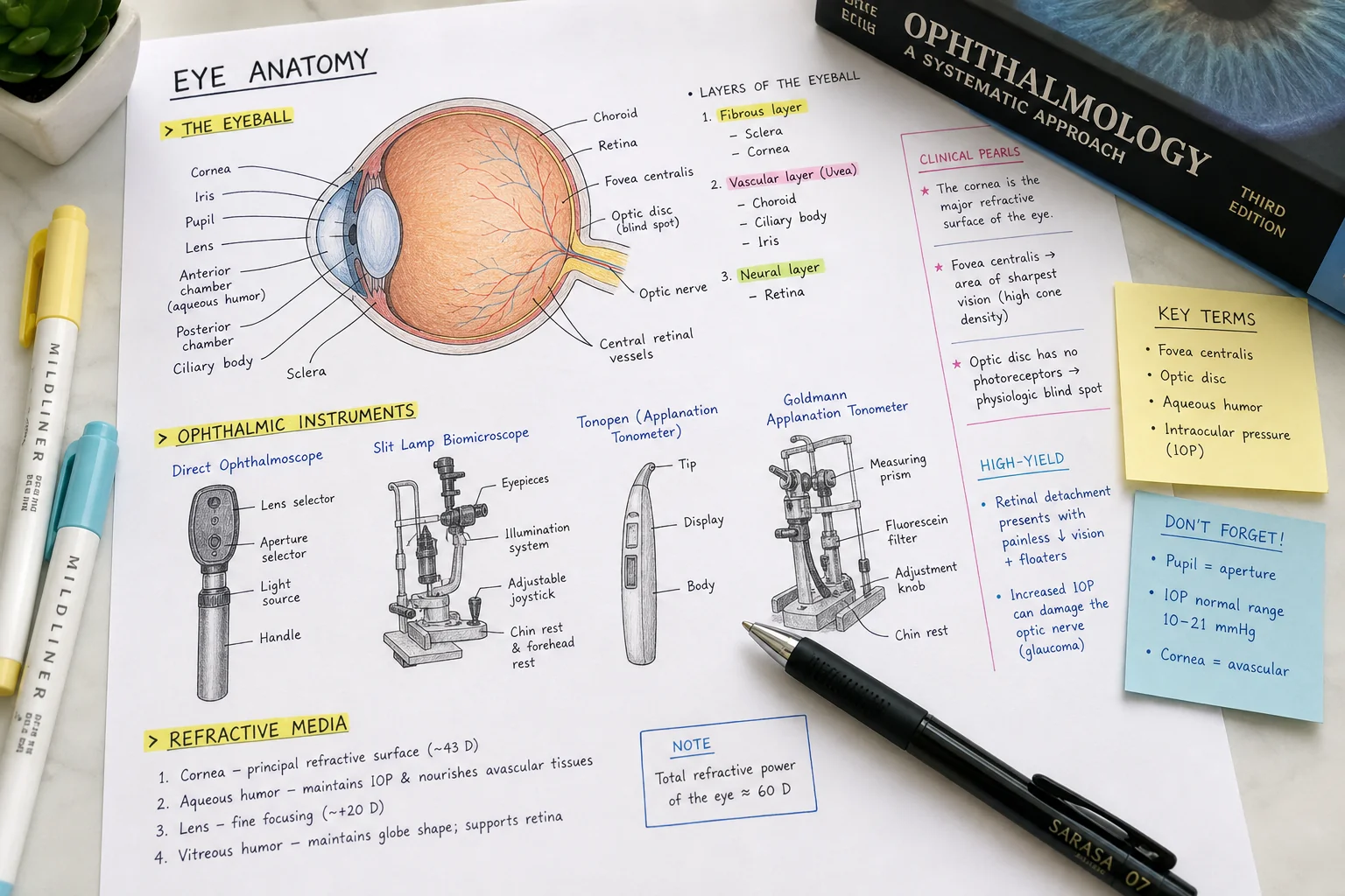 Handwritten ophthalmology exam notes with eye anatomy diagrams and instrument sketches for DNB theory and practical preparation